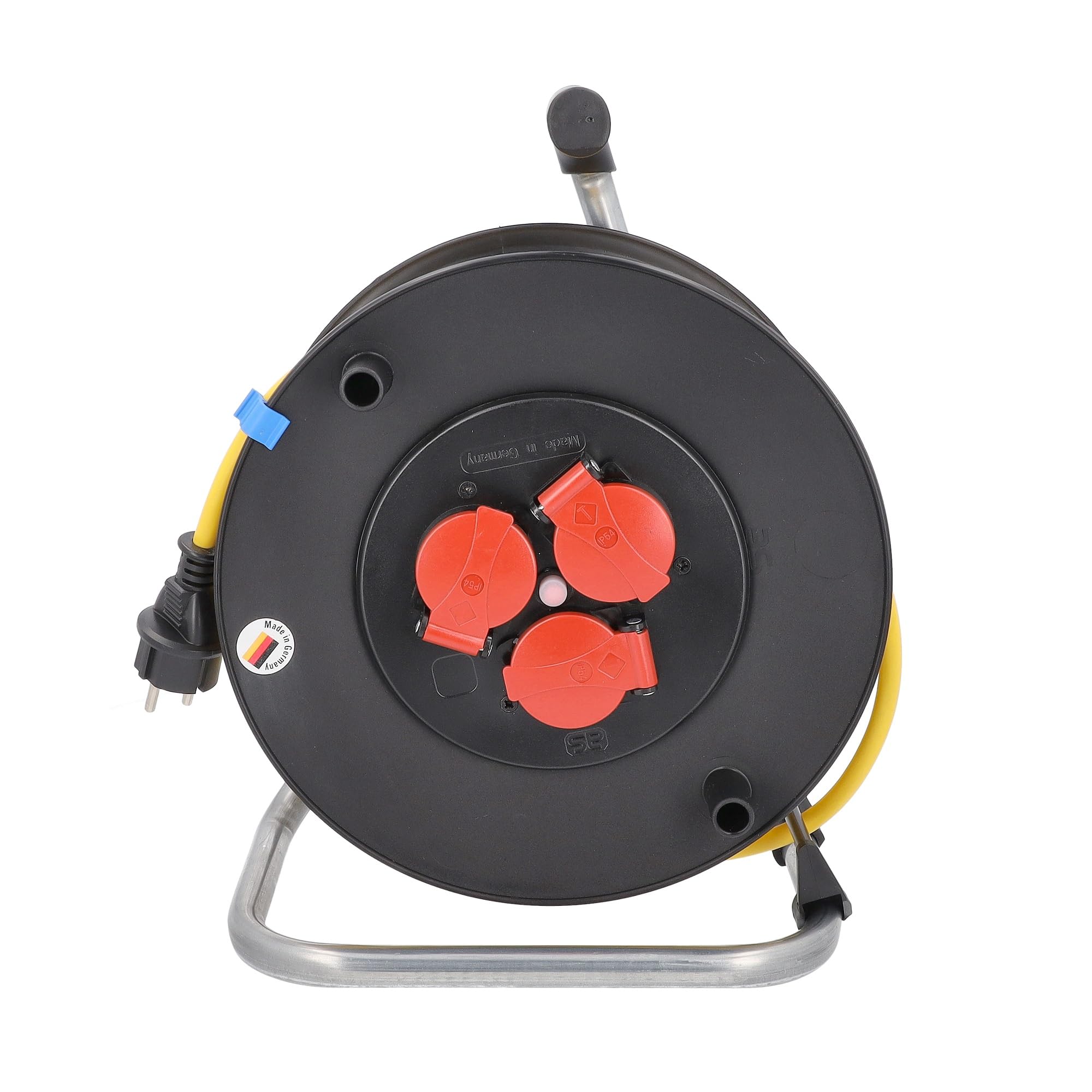 as - Schwabe enrollacables 40 m AT-N07V3V3-F 3G1,5, IP44 exterior, 3 tomas de corriente con toma de tierra, freno de bloqueo, guía de cable, Made in Germany