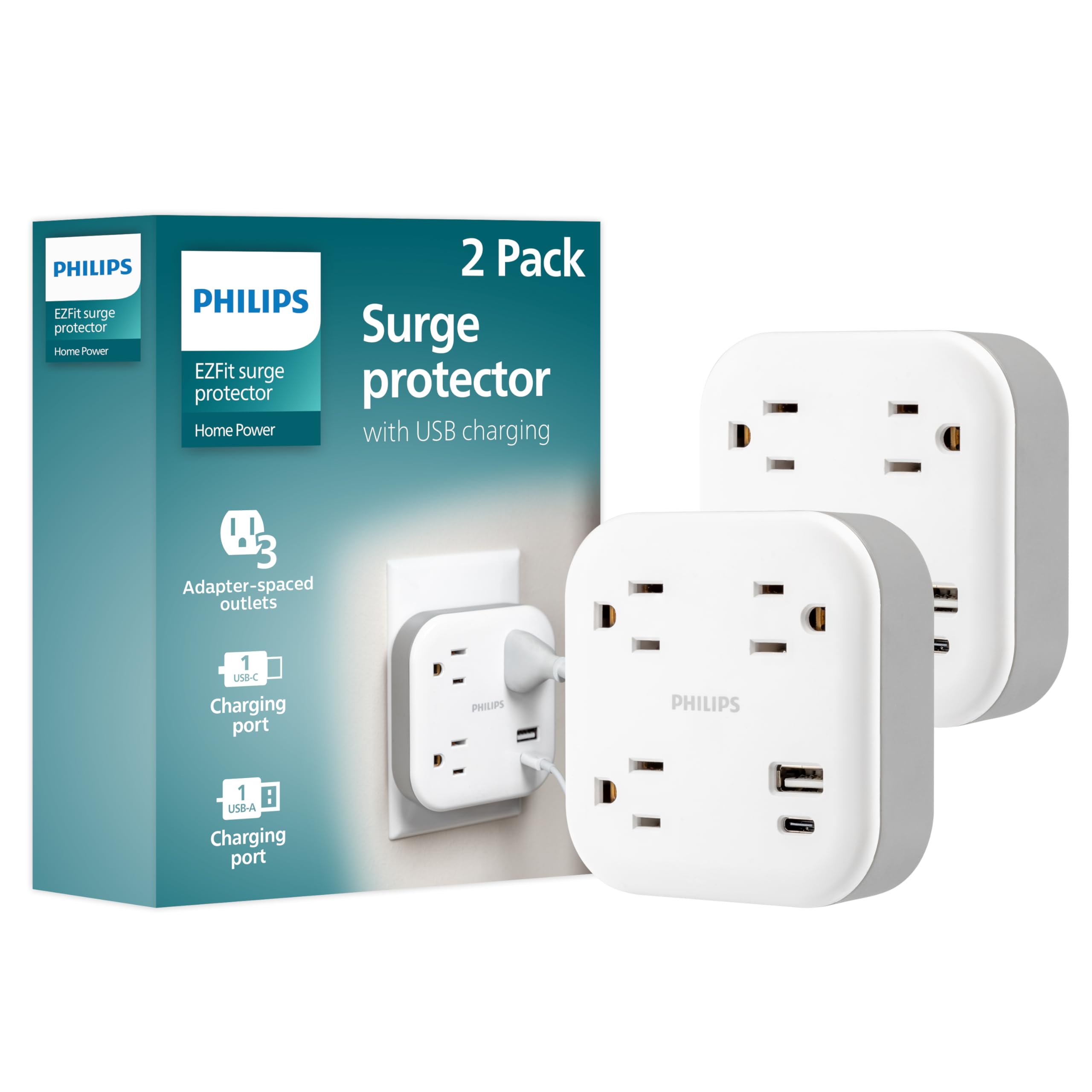 Philips EZFit 3-Outlet Surge Outlet Extender with USB 1 USB-A 1 Type-C Adapter Spaced Charging Station 12W 980