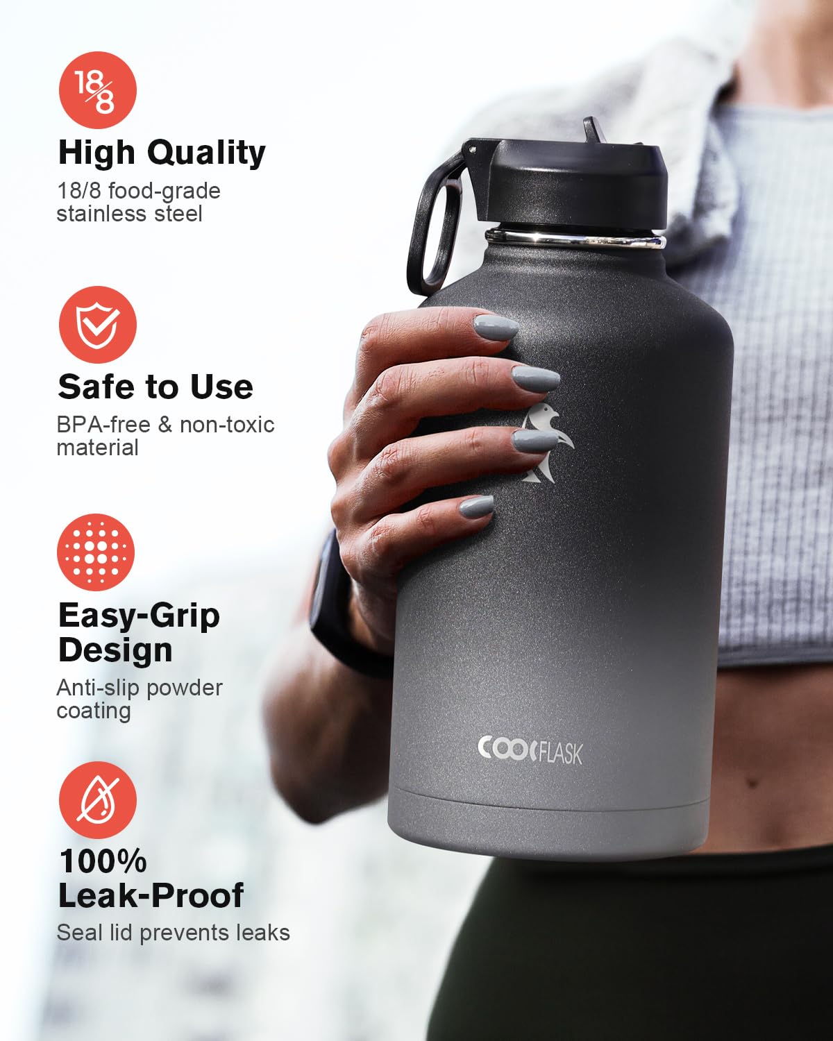 Coolflask Insulated Water Bottle 2L, 3 Lids with Straw & Spout & Handle - Image 3