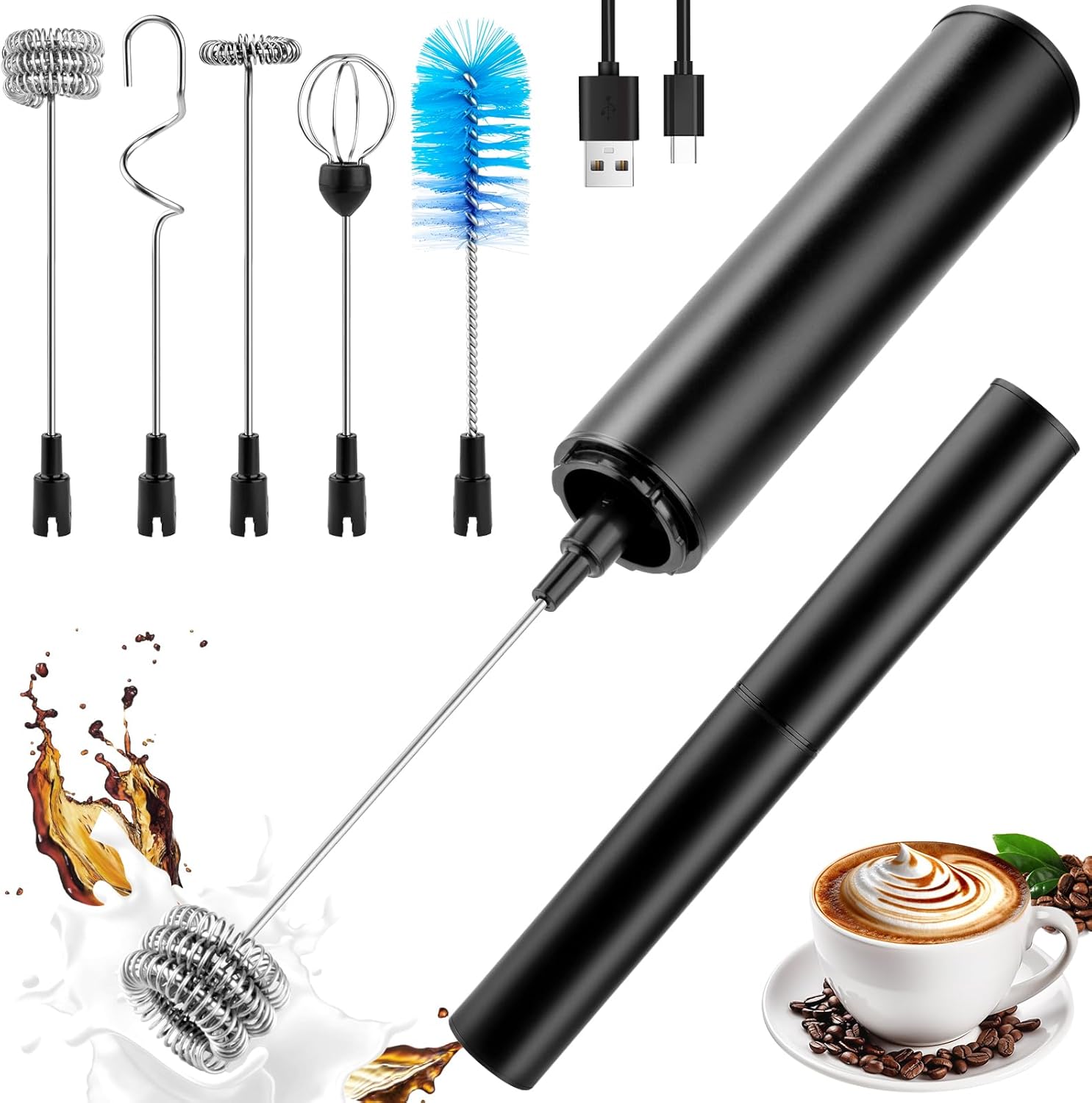 Milk Frother Wand for Coffee, Coffee Foamer Drink Mixer,Handheld Frother Rechargeable Electric Whisk with 5 Heads 2 Speeds for Latte, Cappuccino, Hot Chocolate, Egg(Home and Travel Set Black) Milk Frother Wand for Coffee, Coffee Foamer Drink Mixer,Handheld Frother Rechargeable Electric Whisk with 5 Heads 2 Speeds for Latte, Cappuccino, Hot Chocolate, Egg(Home and Travel Set Black)