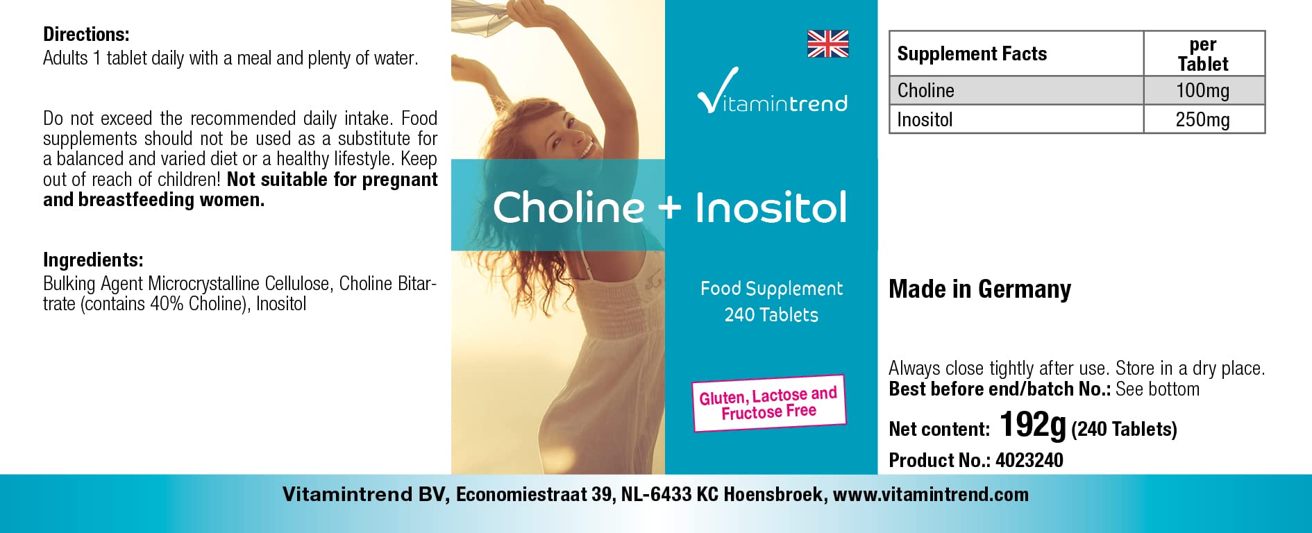 Vitamintrend Choline 100 mg + Inositol 250 mg, 240 comprimés, complément alimentaire végan sans stéarate de magnésium, fabriqué en Allemagne
