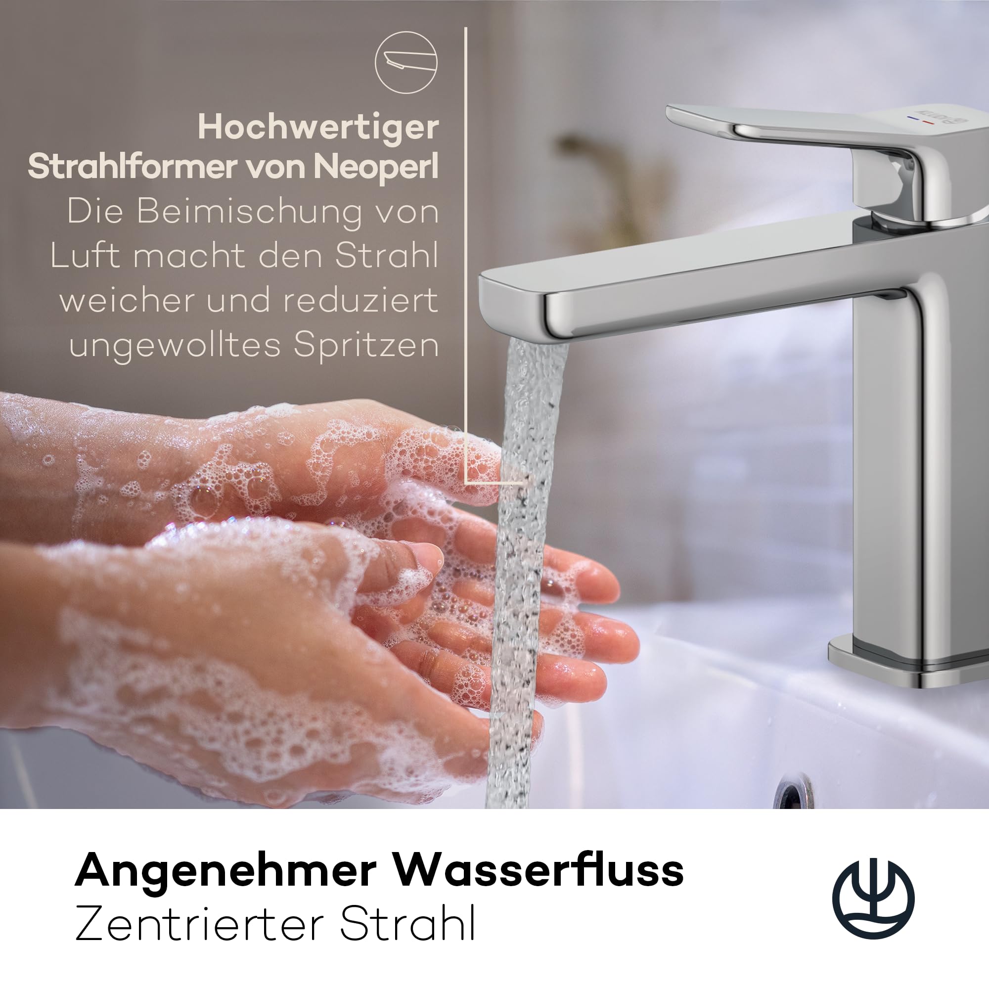KLUDI-X3 Waschtischarmatur mit Push-Open Ablaufgarnitur, Auslaufhöhe 110 mm, wassersparender Wasserhahn Bad Größe M, Keramikkartusche, Mischbatterie Waschbecken inkl. Anschlussschläuche in Chrom