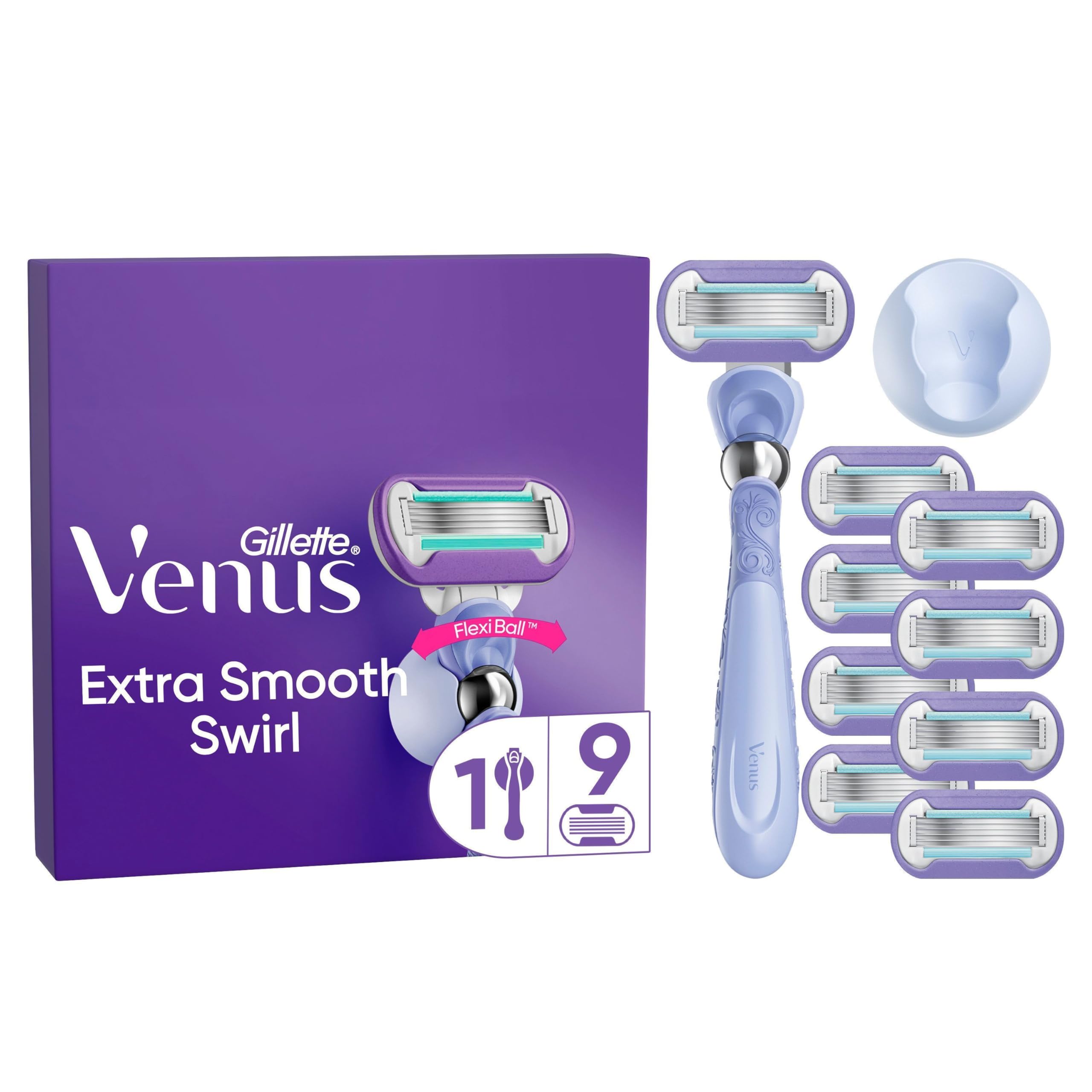 Gillette Venus Extra Smooth Swirl Rasierer Damen — Inkl. 9 Original für Nassrasierer Ersatzklingen, Schwenkbares Handstück und Duschhalterung — Lila