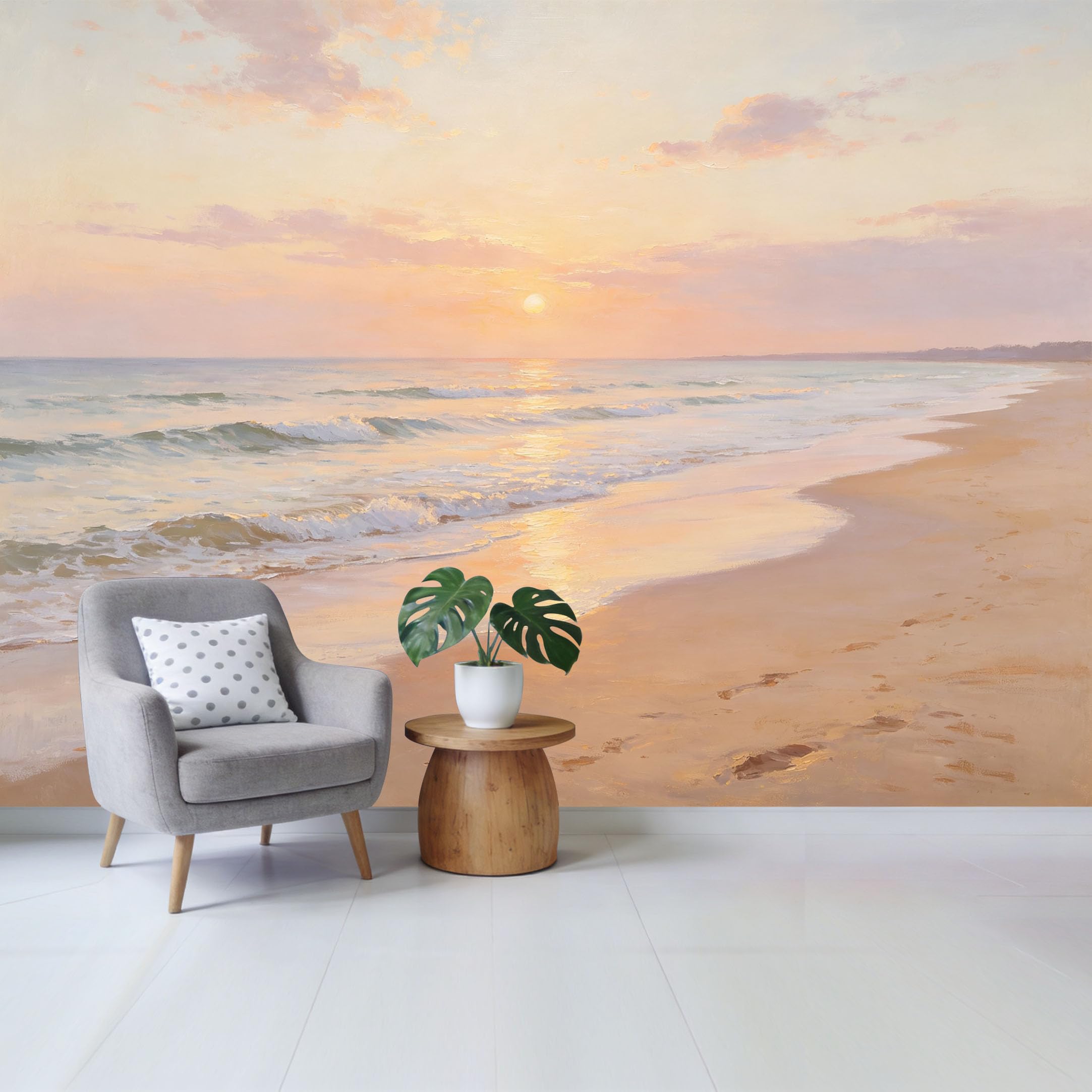 Qzlithotic Yq2605250737 Custom Size Wall Mural Serene Sunset Beach Seascape Oil Painting Style Selfadhesive Wall Fabric Removable Wallpaper For Home Office Decor