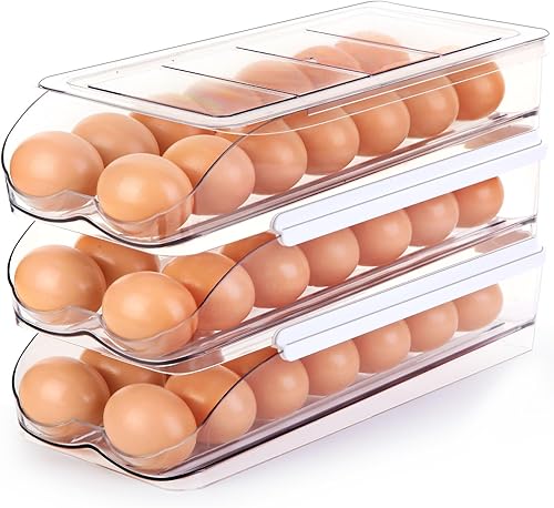 Soporte para huevos para refrigerador, contenedor de huevos con ruedas automáticas para refrigerador, organizadores de plástico transparente y