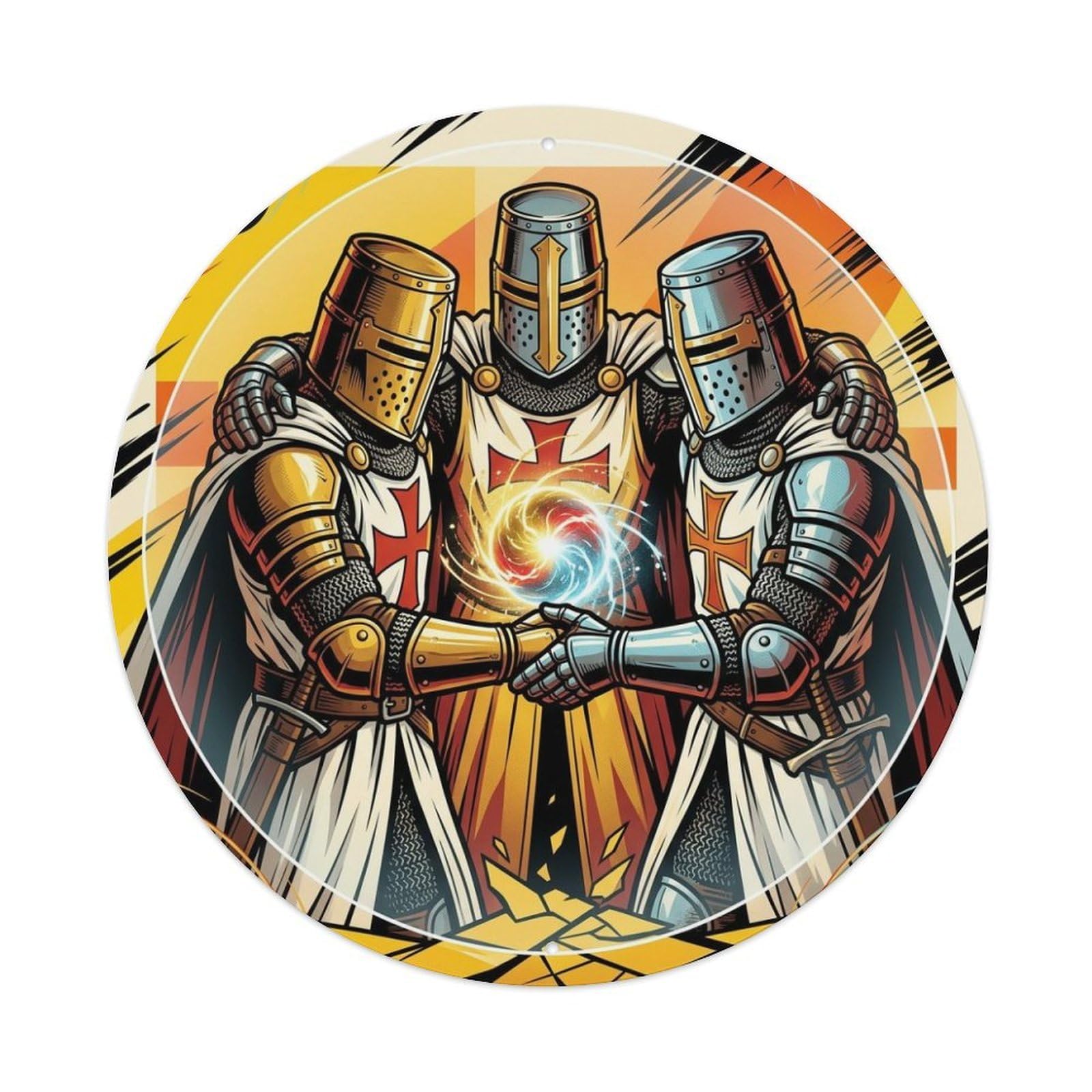 Sacred Light Medieval Templar Hospitaller Teutonic Knight Order Metal Tin Sign Plaque Wall Decor for Cafe, Man Cave, Club Bar, Office, Home Garden Round Metal Poster 8x8Inch
