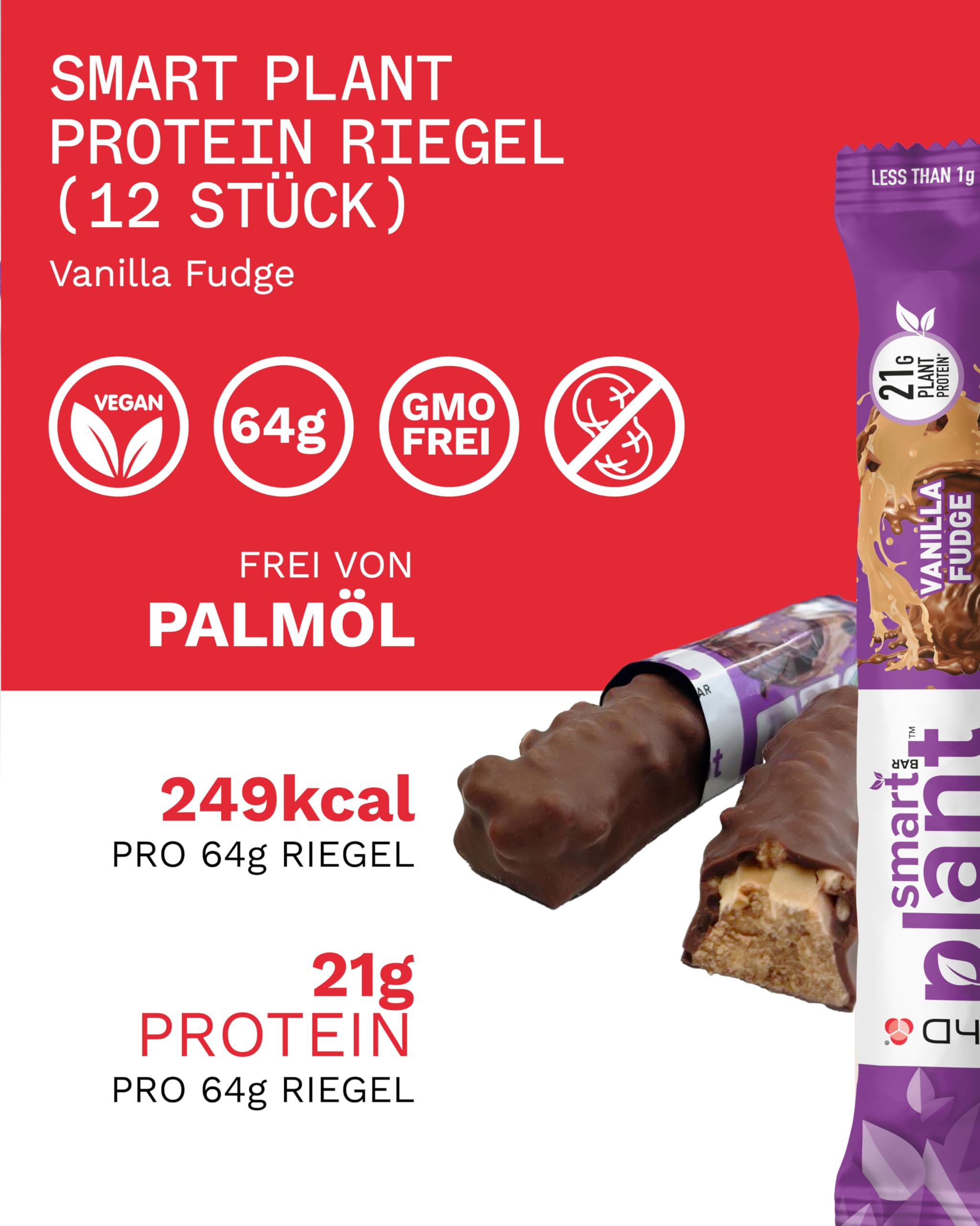 PhD Nutrition Smart Plant Protein Riegel Vegan 12 x 64g Vanille Karamell - High Protein Snack mit 21g Eiweiß und wenig Zucker, Makrofreundlicher Eiweißriegel