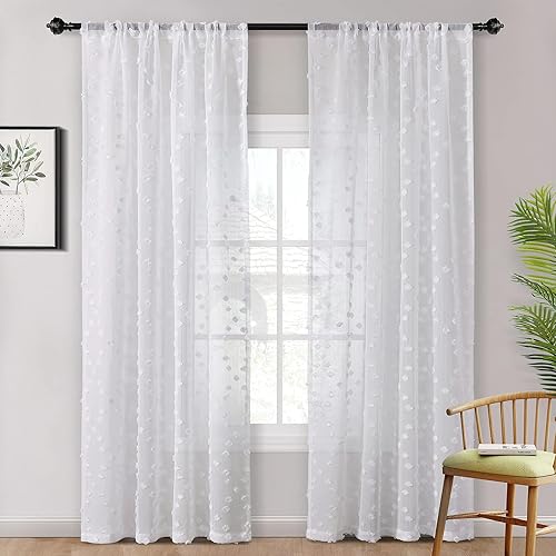 Miniatura 4 de MYSKY HOME Cortinas pequeñas para ventana de baño o cocina, 45 pulgadas de largo, cortinas traslúcidas con pompones rosas y bolsillo para cortinero,