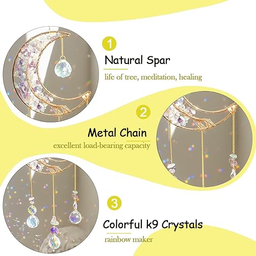 Miniatura 3 de Crystal Moon Suncacher - Atrapasueños para ventana de interior, prisma de cristal luna, atrapasueños de cristal, piedras curativas naturales,