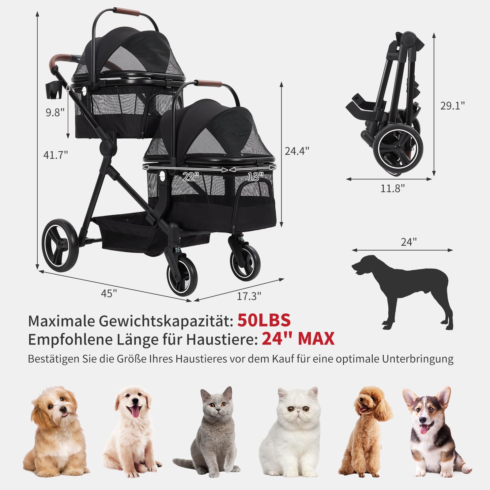 Carrito doble para mascotas 2 en 1, 3 en 1, con bolsa de transporte y asiento de coche, cochecito plegable para mascotas con capacidad de 50 LBS y amortiguador de golpes para perros y gatos