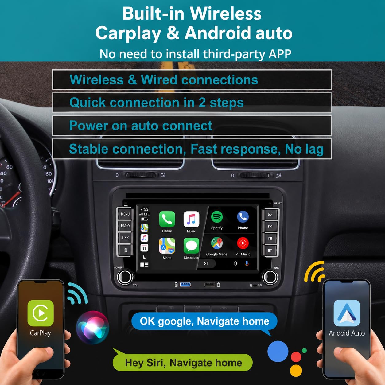 Autoradio con CarPlay wireless compatibile con VW Polo,Golf 5,Golf 6,Passat,Tiguan, Touran,T5,Schermo IPS,Stereo VW Supporta Android auto e SWC originale,Bluetooth,AM FM RDS,USB,EQ/DSP,Navigatore