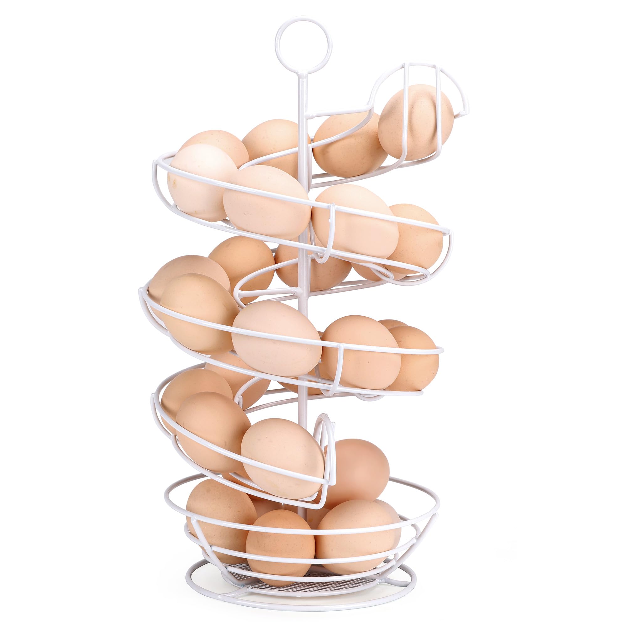 White Spiral Egg Holder Countertop, Metal Egg Skelter, Egg Dispenser Rack with Storage Basket for Countertop, Kitchen
