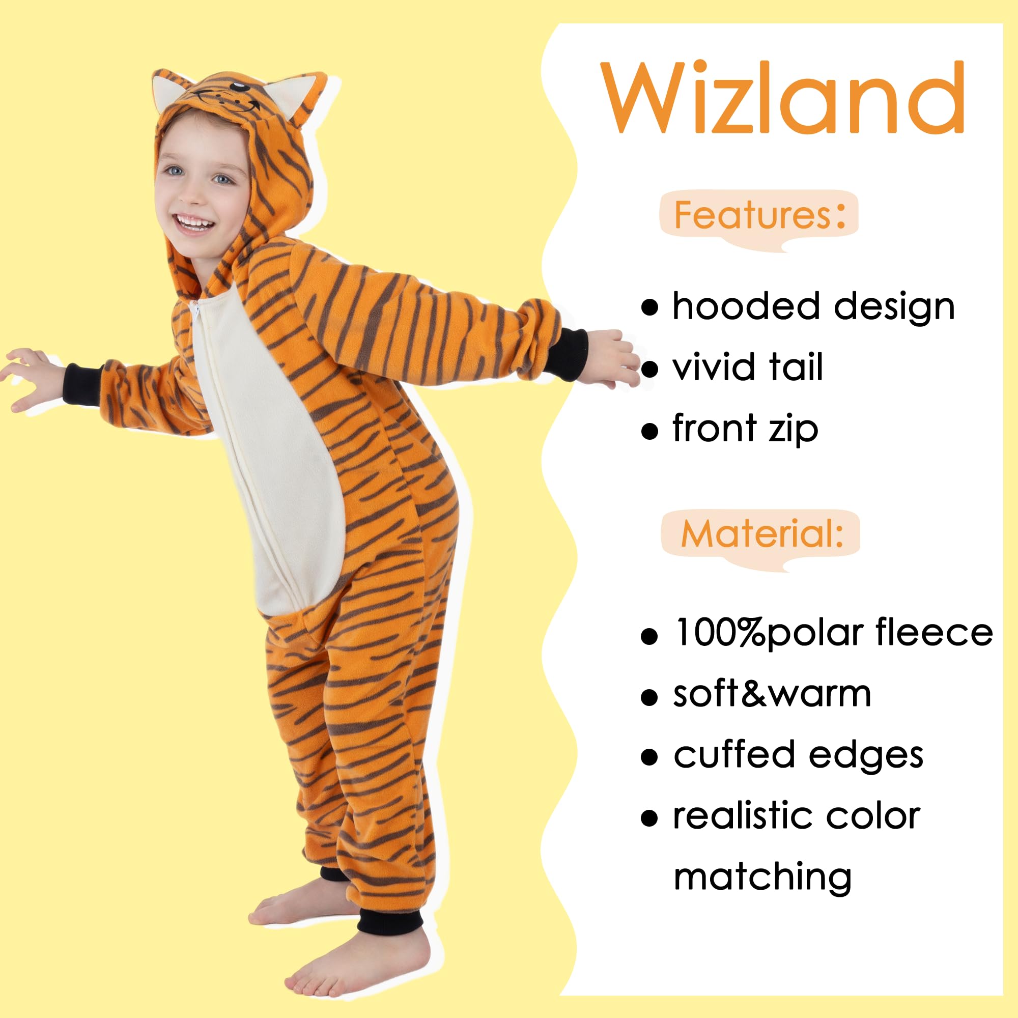 Wizland Kids Tiger Onesie Costume Set,Tiger Jumpsuit with Tail,Animal Costume Outfit for Unisex Boys and Girls XL 10-12 - Image 4