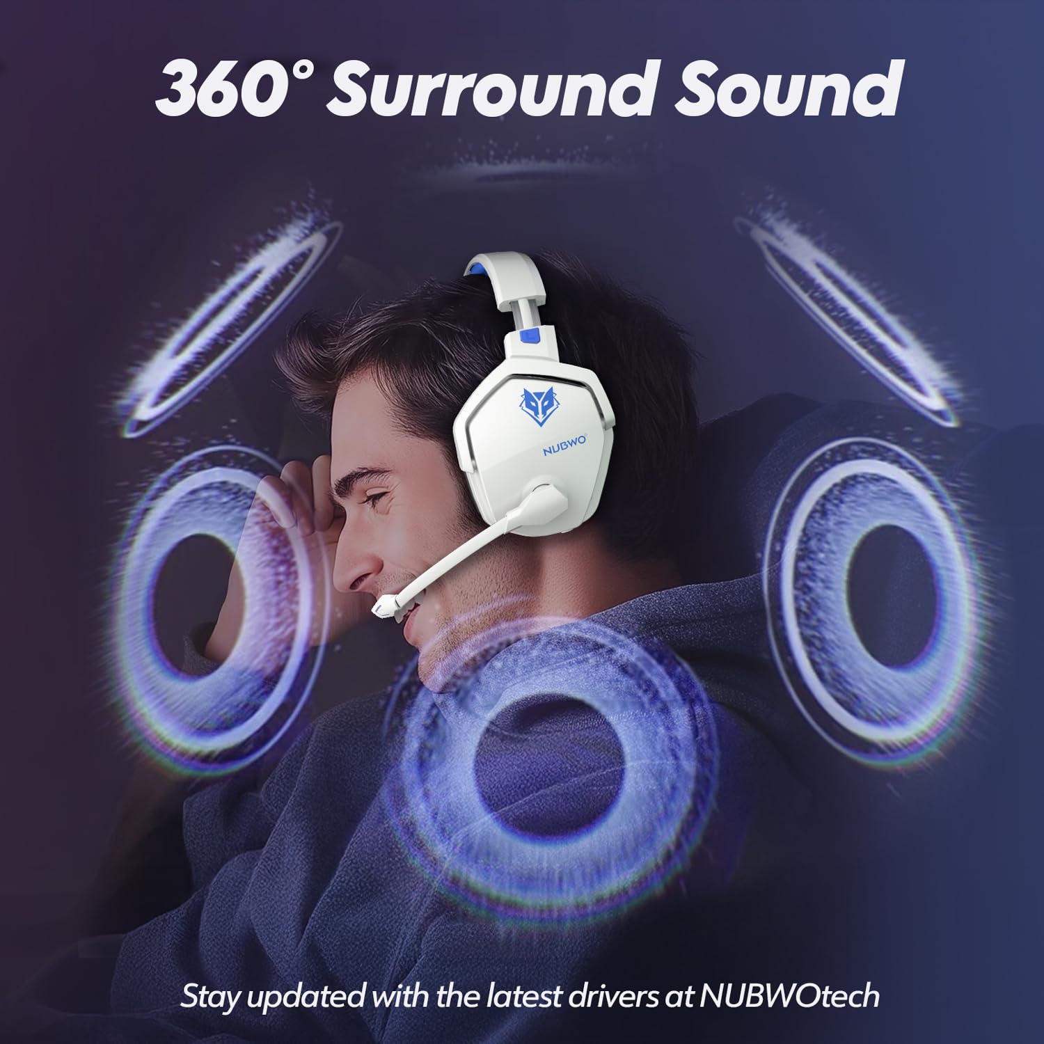 NUBWO G06 Cuffie Gaming Wireless per PC/Ps5/Ps4/NS,2,4GHz+5.3 Bluetooth,Cuffie Wireless con Microfono 7.1 Qualità Audio Senza Perdita di Bassa Latenza,Durata di Oltre 100+ Ore - Bianco/Blue