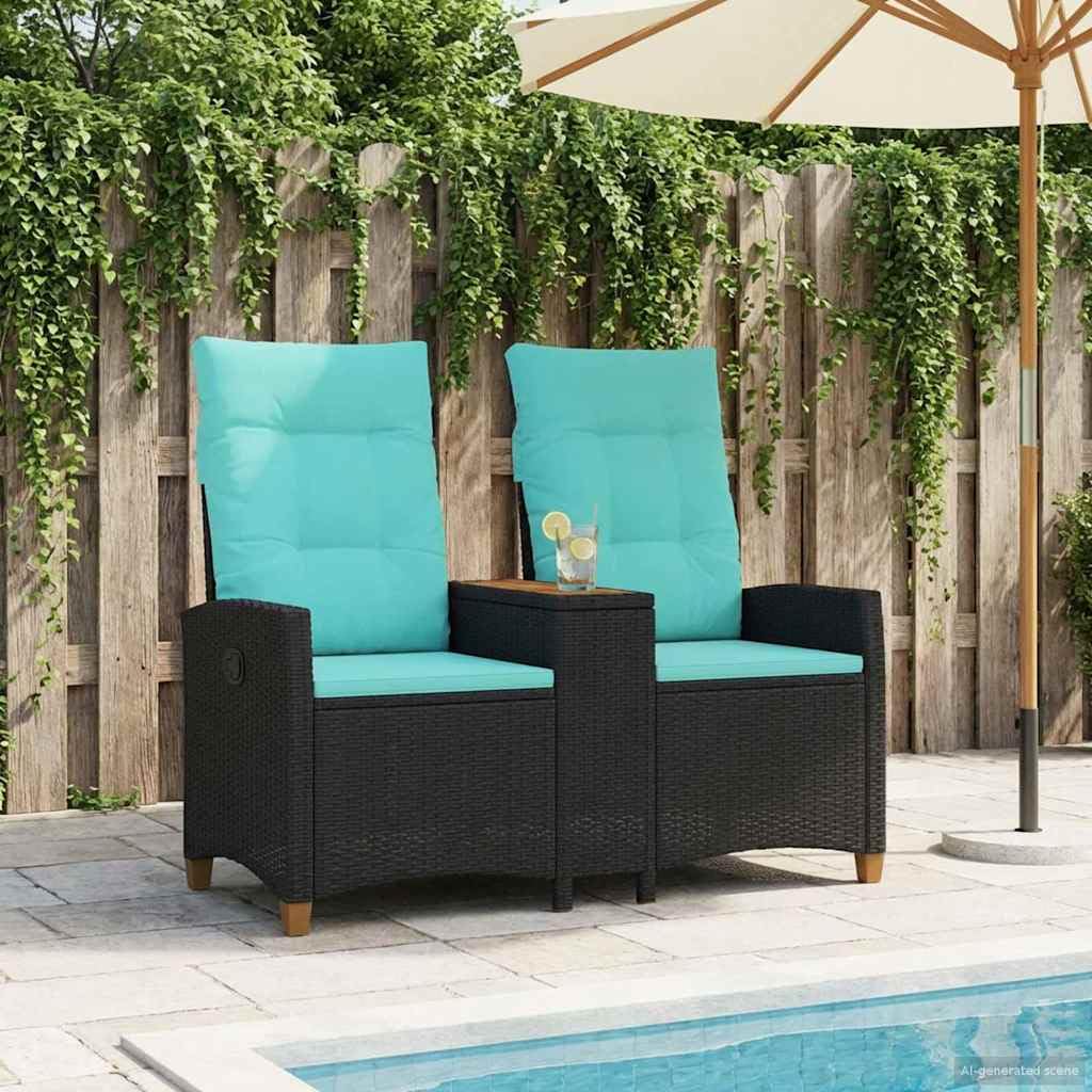 Rattan Gartenbank mit integriertem Tisch und Verstellbarer Rückenlehne, 2-Sitzer Poly-Rattan Liegebank mit Kissen, Outdoor Relaxsessel für Garten und Terrasse, Schwarz Türkis