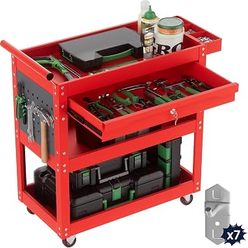 ALANNG 330 LBS Rolling Tool Cart with 1 Drawer & 3 Shelves | Heavy Duty Mechanic Cart Includes 7 Hooks, 2 Pegboards & Screw Organizer | Metal Service Cart for Garage Workshop Red, 1 Pack