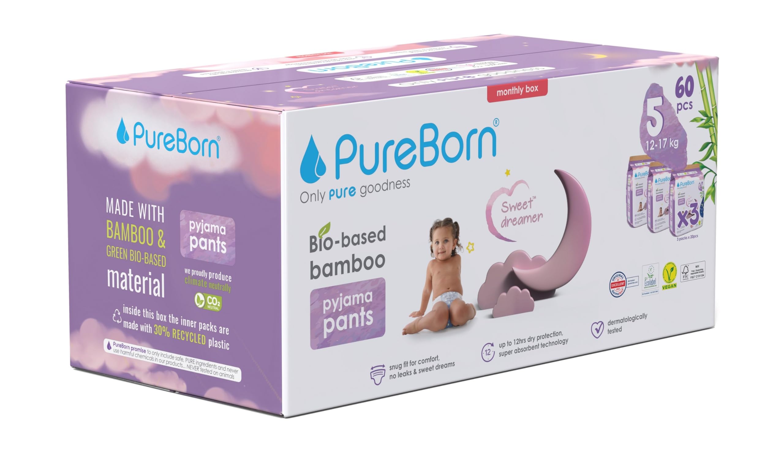 PureBorn Couches-Culottes Pour La Nuit, Taille 5 (12-17 kg), 60 Culottes Bébé, Protection Contre les Fuites Toute la Nuit, Absorption Extra, Confort à sec