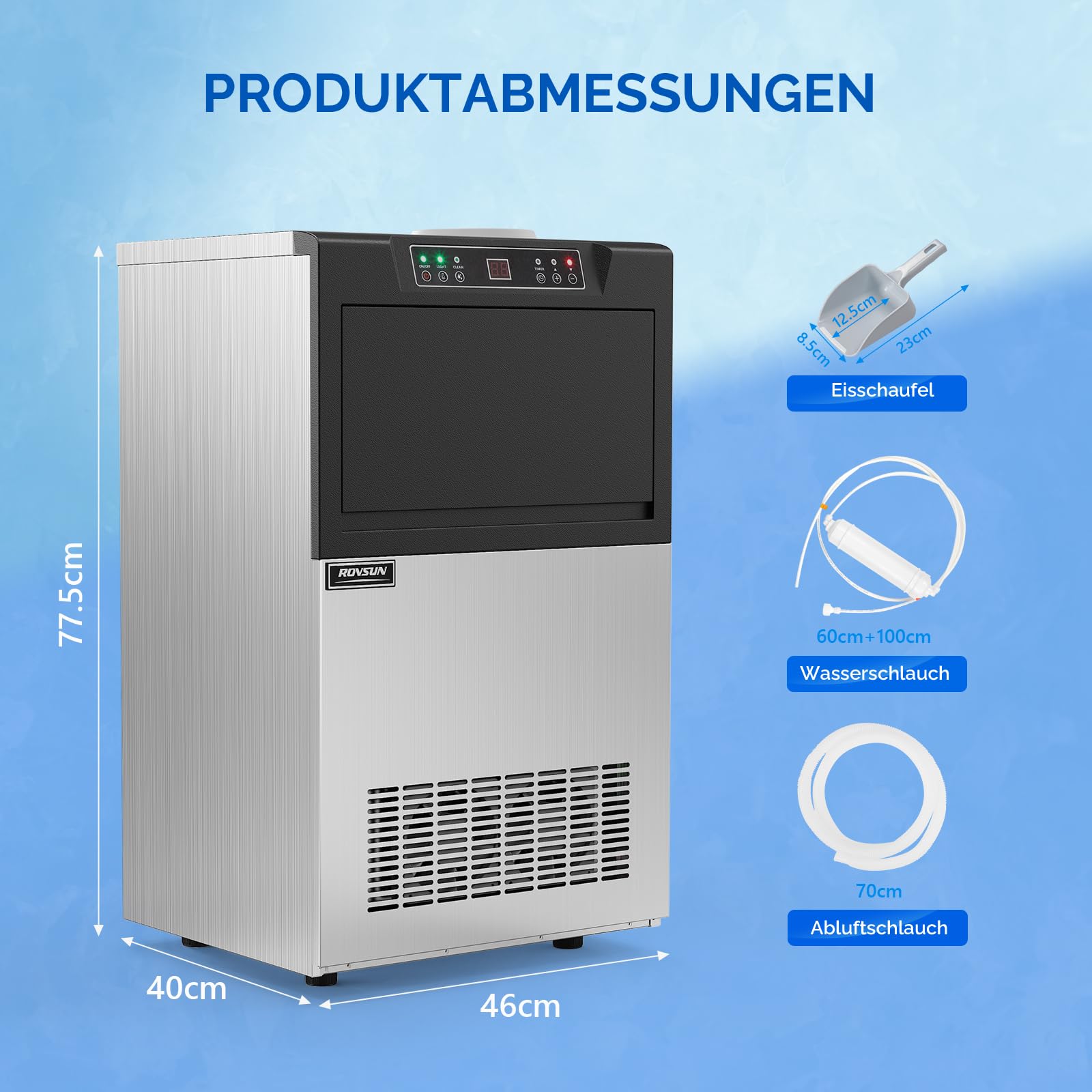 ROVSUN Gewerbliche Eiswürfelmaschine 50 kg/24H Kommerzielle Eismaschine mit Kompressor 50 Stück/14 Min. 23 kg Eislagerkapazität, Eiswürfelbereiter 24H-Timer, LCD-Anzeige, Selbstreinigung