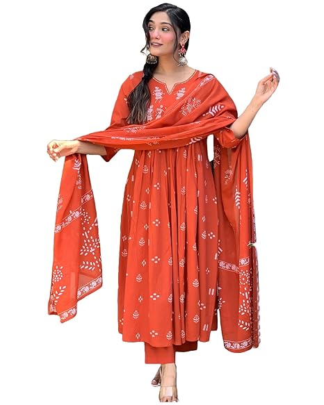 GoSriKi Women's Viscose Anarkali Kurta Set with Dupatta - Embroidered Orange Ethnic