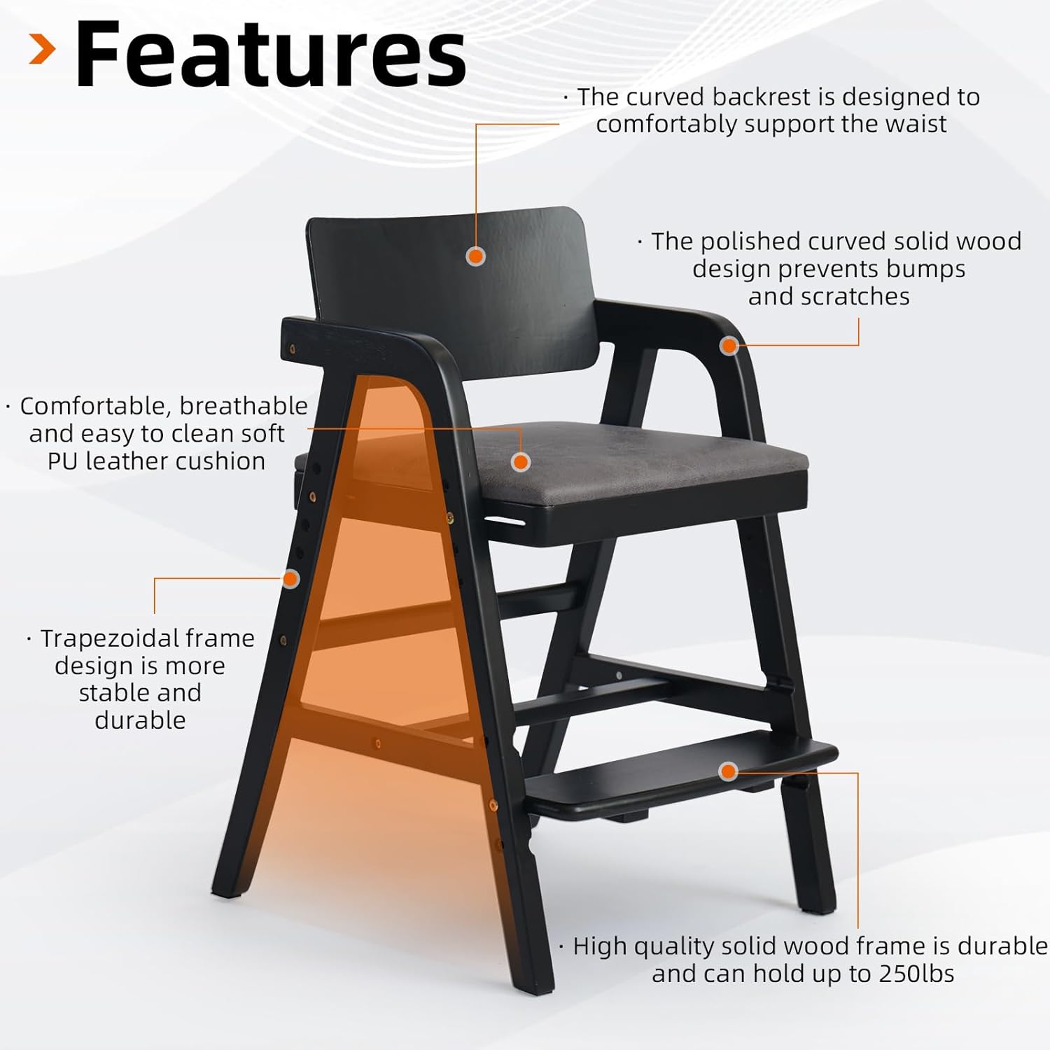 Wooden High Chair for Toddlers and Baby, Adjustable Toddler Dining Chair Grows with Kid, Ergonomic Baby HighChair for Babies, Water Resistant PU Seat Cushion, for Home & Restaurant - Black