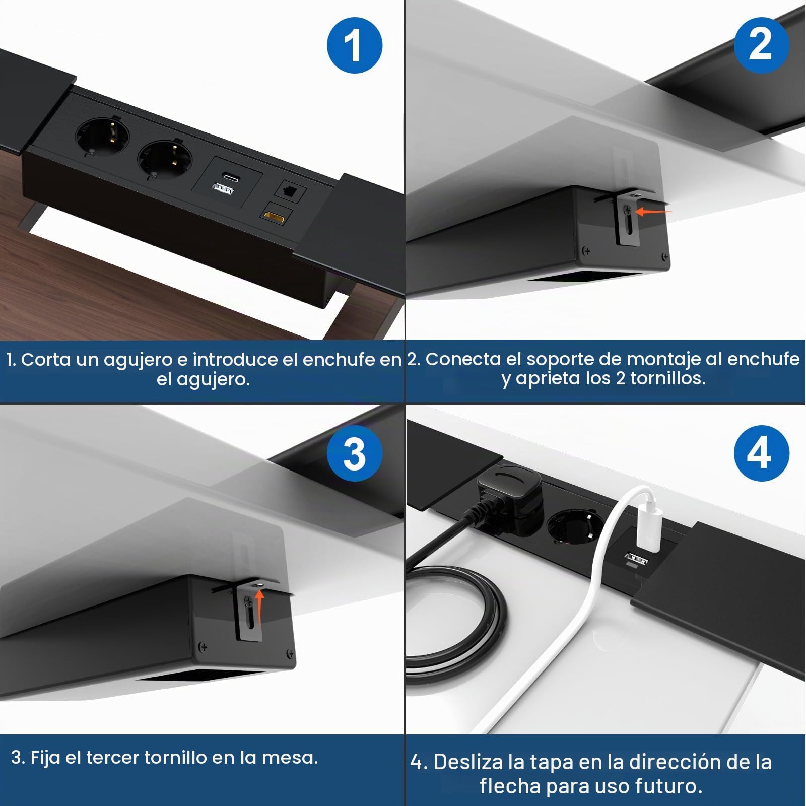 Enchufe de escritorio con cubierta deslizante, enchufe empotrado con 2 enchufes, 1 USB, 1 tipo C, interfaz de red HDMI TD, regleta eléctrica de aluminio para escritorio de oficina, cocina