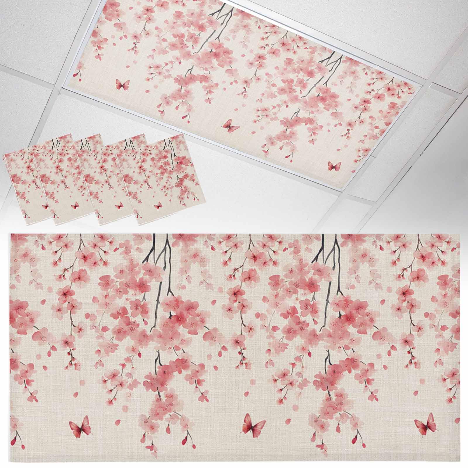 Wowouhiya 4 Pack Fluorescent Light Cover for Ceiling Lights, Pink Floral Blossom Magnetic Classroom Light Filters 4x2 Feet, Spring Pastoral Botanical Vintage Decorative Ceiling Shade Panel for Office