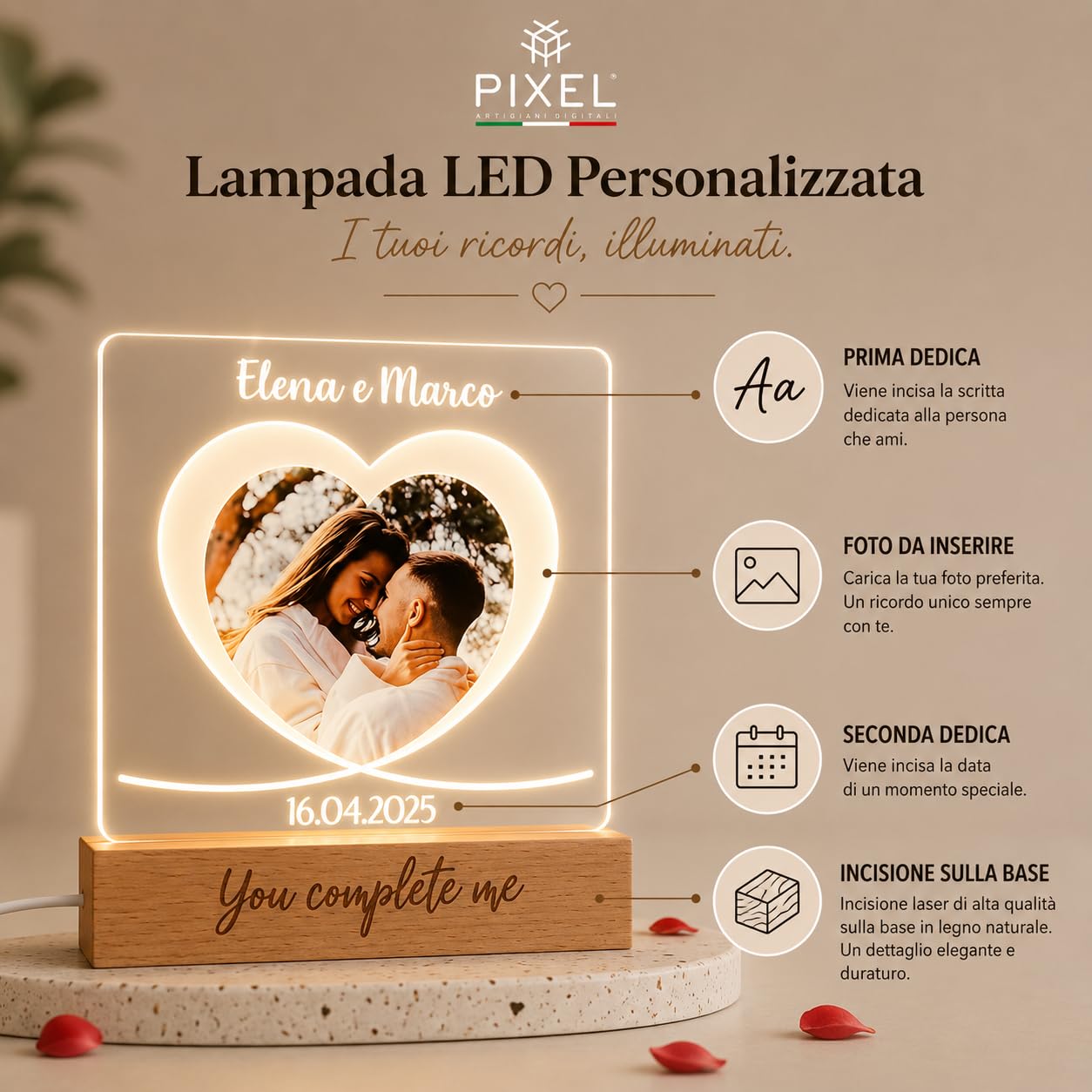 Pixel Artigiani Digitali Lampada a Forma di Cuore con Foto Personalizzata – Idea Regalo per Coppia, Fidanzati, Anniversario, San Valentino – Luce - festa del papà – idea regalo Natale - Made in Italy