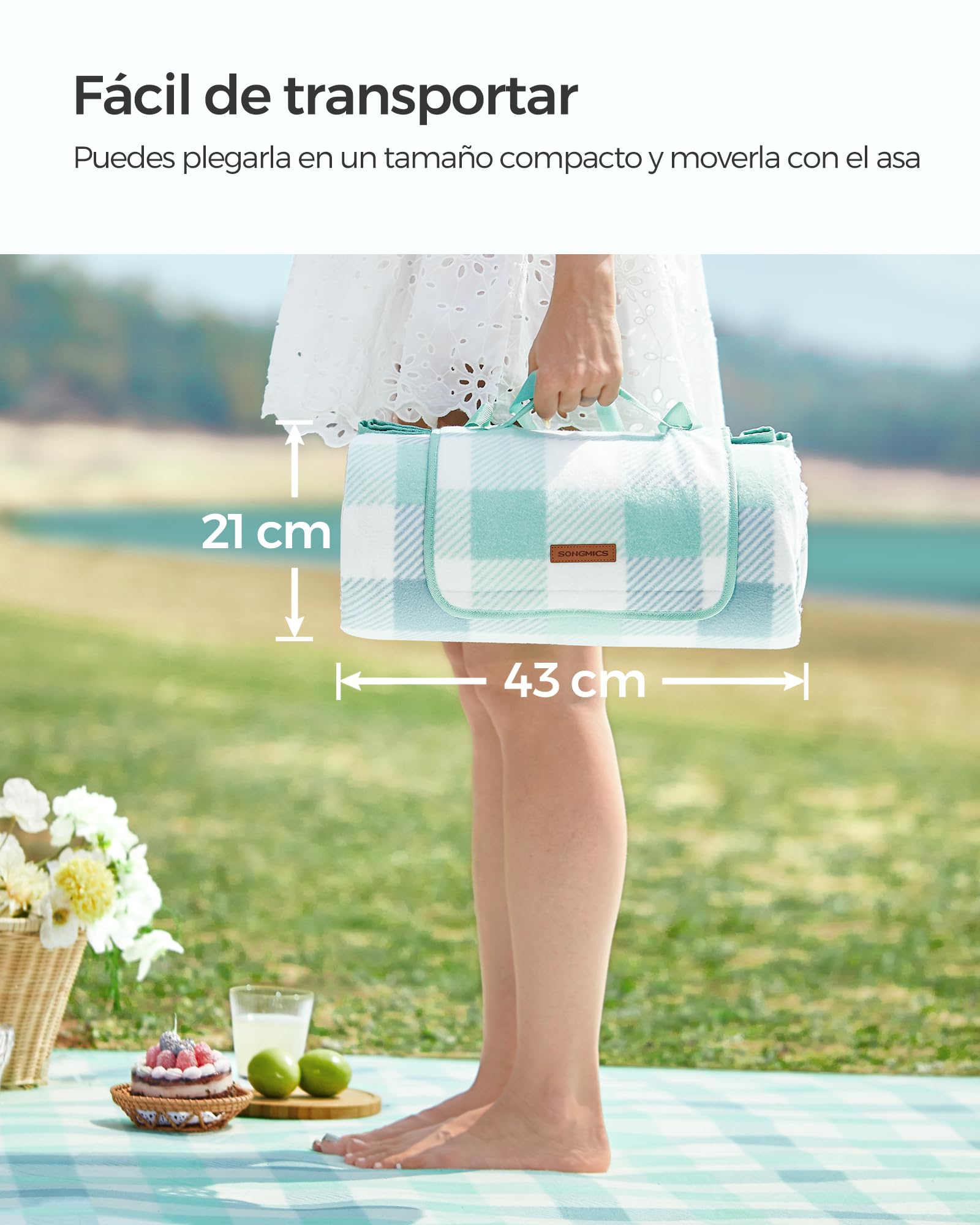 SONGMICS Manta de Picnic, 300 x 200 cm, 4 Pinzas a Prueba de Viento, Colchoneta Grande para Camping, Parque, Jardín, Playa, Fundo Impermeable, Plegable y Portátil, Verde y Blanco GCM012W03