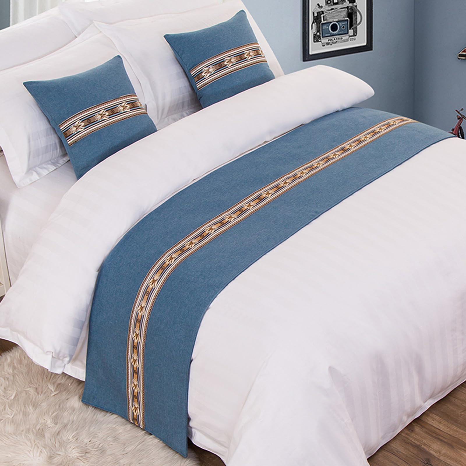 QRGMKL Graphic Print Bed Runners King Size, Luxury Bed Scarf Double Bedspread for Bedroom Hotel Home Decoration-Aqua Blue||260X50cm for 2m Bed