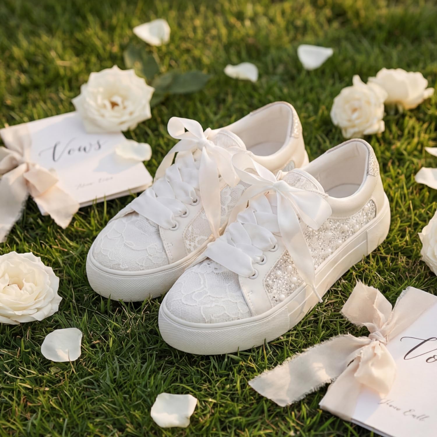 Elivandon 9993 Chaussures de Mariage Dentelle Sneakers de Mariée Plateforme 3,7cm Chaussures de Tennis Mariée Strass Étincelants Sneakers Nuptiales