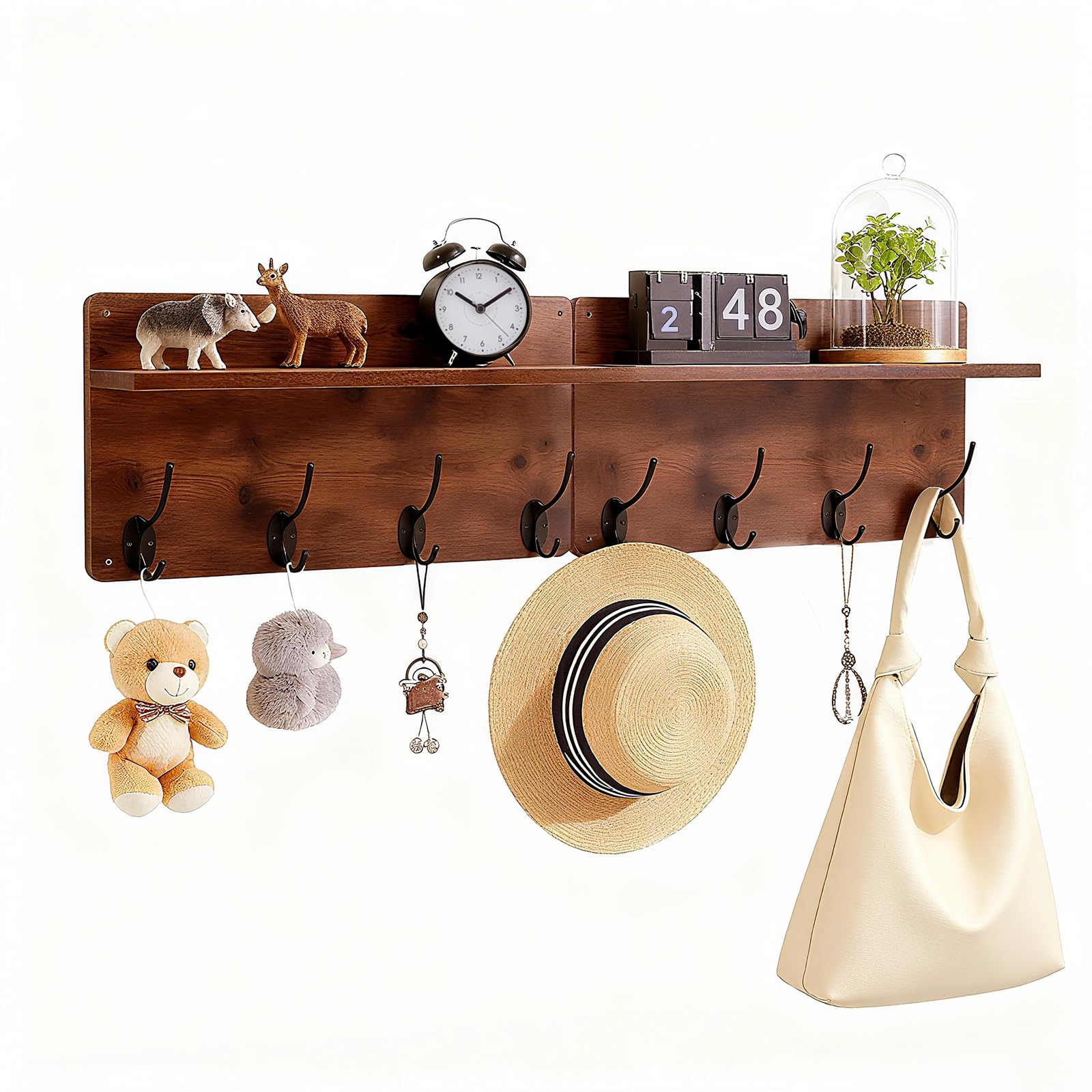 M.J Comfy-Life 2pack Coat Rack Shelf Wall Mounted, Wooden Coat Hooks with Shelf, 8 Dual Metal Hooks for Entryway, Hallway, Bathroom & Bedroom, 80cm Wall Mounted Hanger Organizer for Coats, Hats, Keys