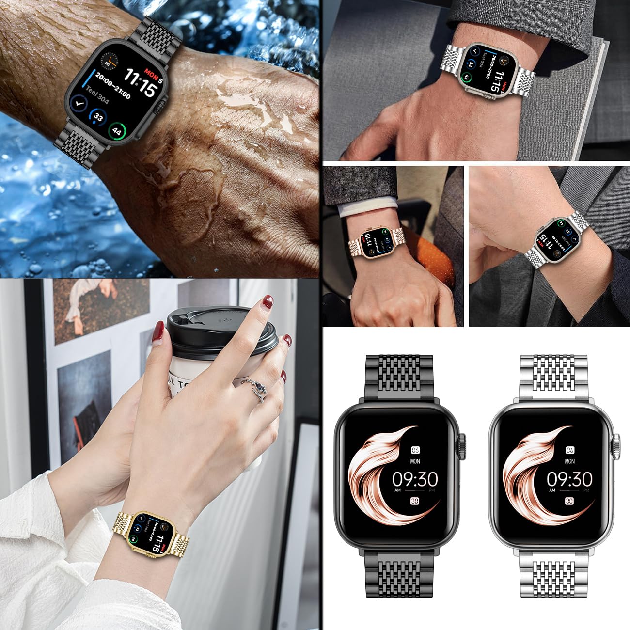 Bracelet de rechange en maille métallique dorée pour homme et femme, compatible avec Apple Watch 42 mm/44 mm/45 mm/49 mm pour iWatch Series 10/9/8/7/6/5/4/3/2/1 Ultra/SE