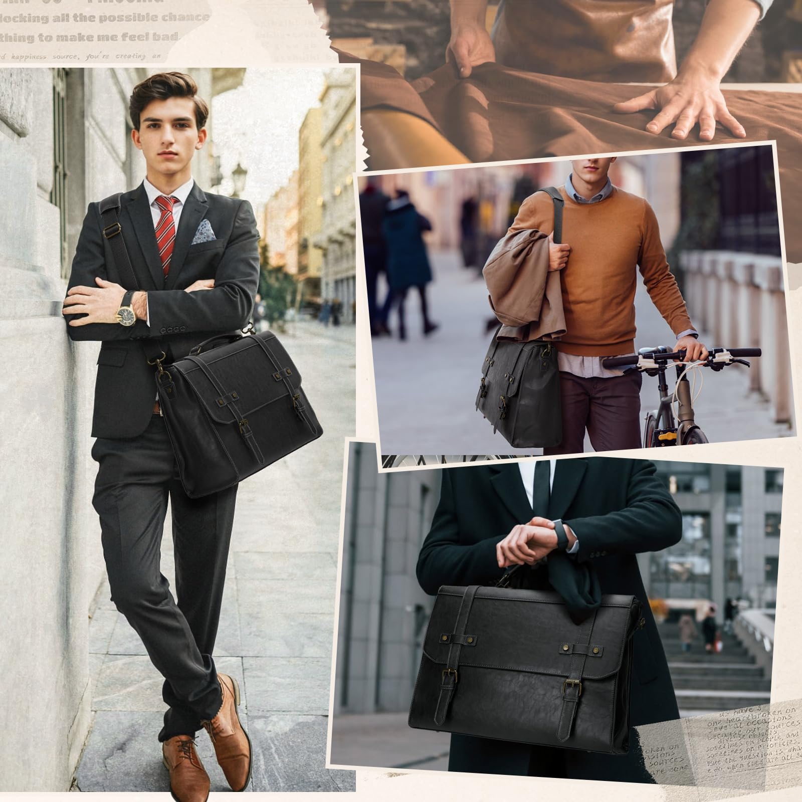 RAINSMORE Sacoche Ordinateur Homme 17.3 Pouces Cuir PU Mallette PC Tablette Cartable Imperméable Sac à Bandoulière pour Travail Affaires Collège Cours Noir