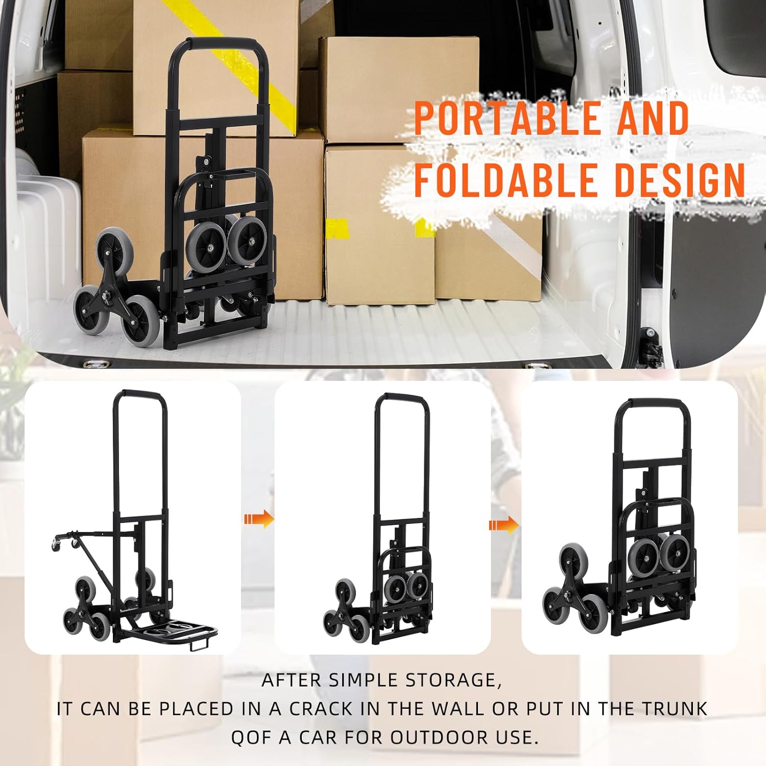 GarveeTech Folding Stair Climber Hand Truck and Dolly, 330 LB Capacity Portable Stair Climbing Cart with Telescoping Handle, Trolley Cart Luggage Cart for Moving, Shopping, Travel, Office Use, Black