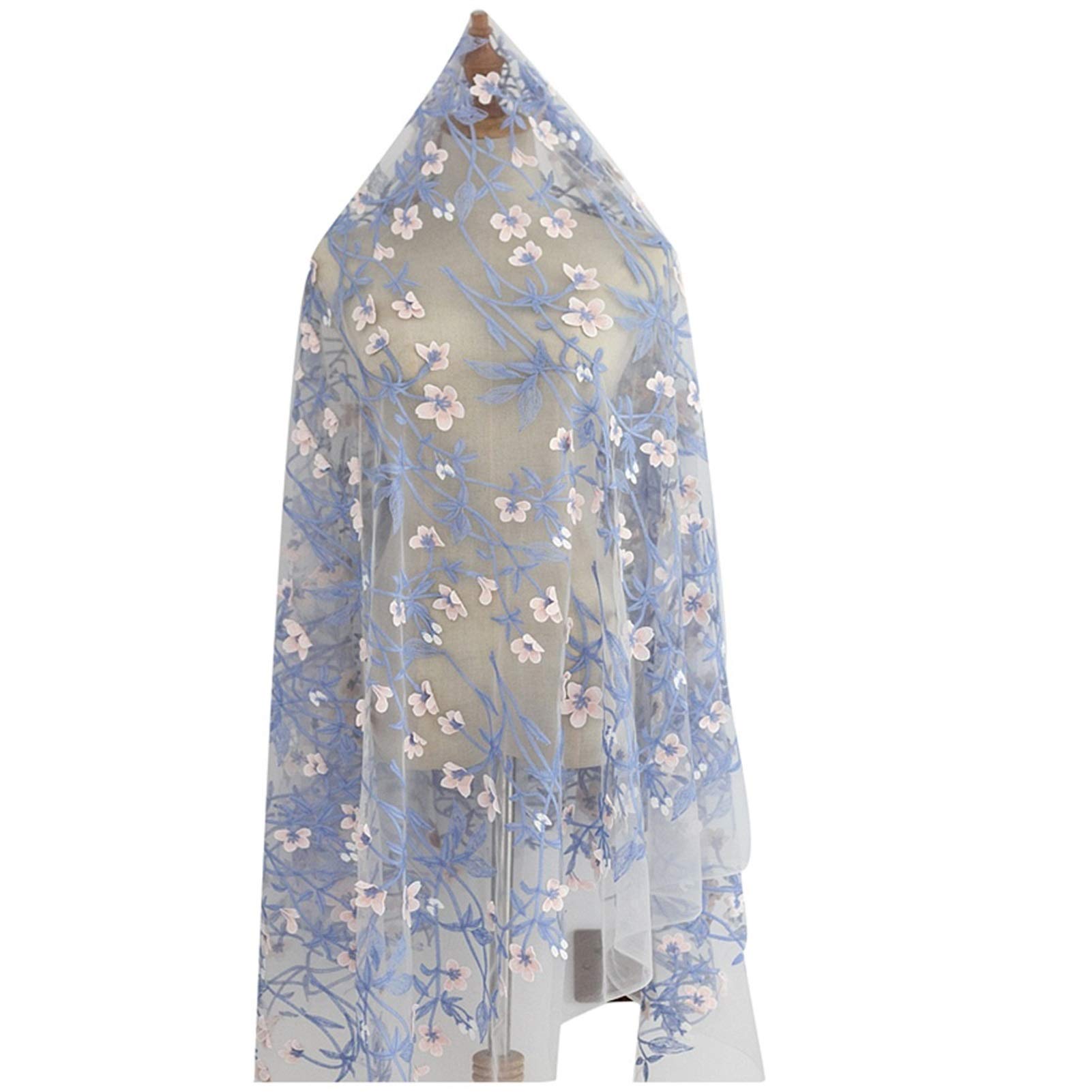NAKAN Tela de Encaje Azul Tela Floral Bordada Flor Material de Malla De Tul para Manualidades De Bricolaje De Decoración De Fiesta de Vestido De Boda Nupcial, 150cm Ancho(Size:4m)