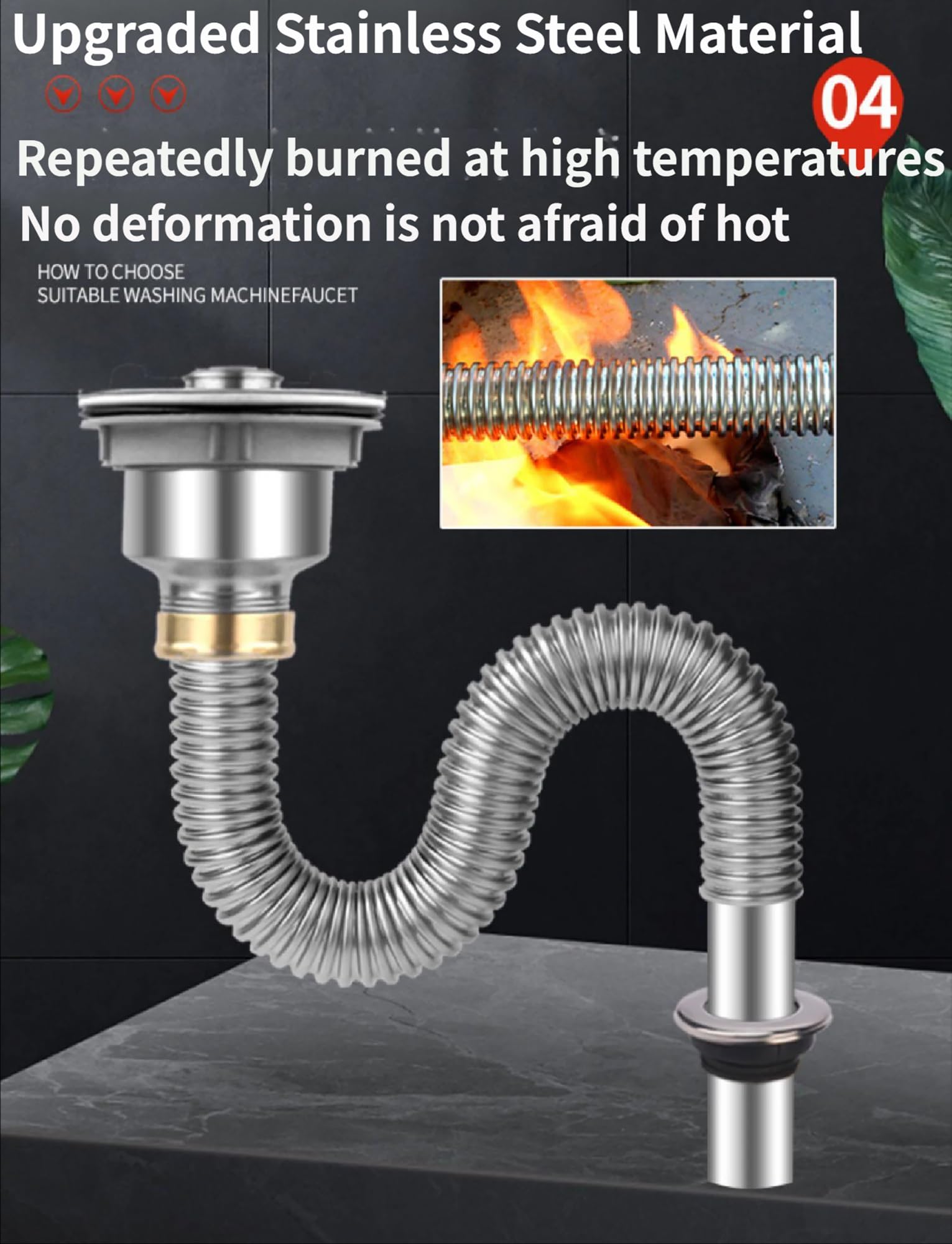 Tubo di scarico per lavello da cucina in acciaio inox, tubo flessibile a sifone, connettore per fognatura a prova di odore per drenaggio dei rifiuti senza soluzione di continuità