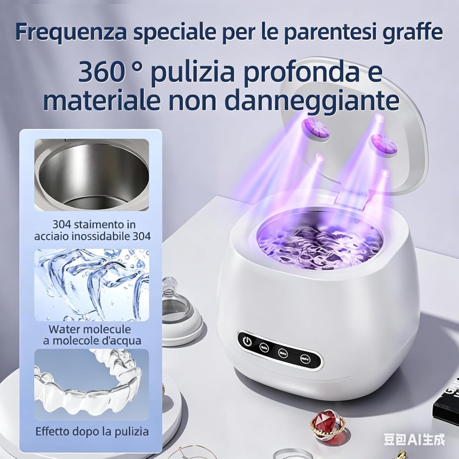Cleon - Pulitore ad Ultrasuoni 45000Hz con 3 modalità, Vasca in Acciaio Inossidabile, Pulizia Rapida, per Igienizzare Bite, Dentiere (Nero)