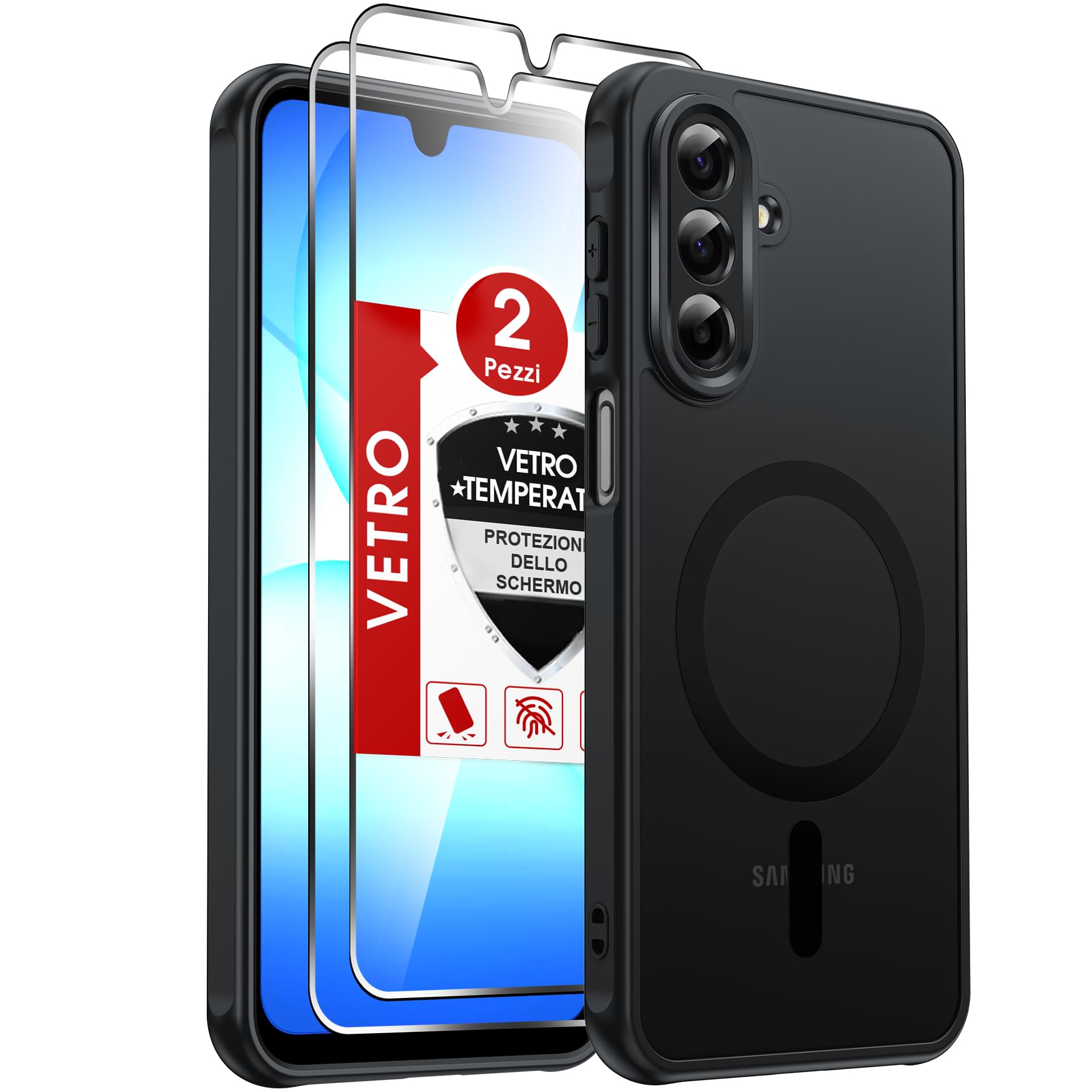 LeYi Cover Magnetica per Samsung Galaxy A17 5G con Vetro Temperato(Nero) | Custodia per A 17 Traslucida Opaca Anti-Impronte Resistente ai Graffi Paraurti in TPU Antiurto Protettiva Case