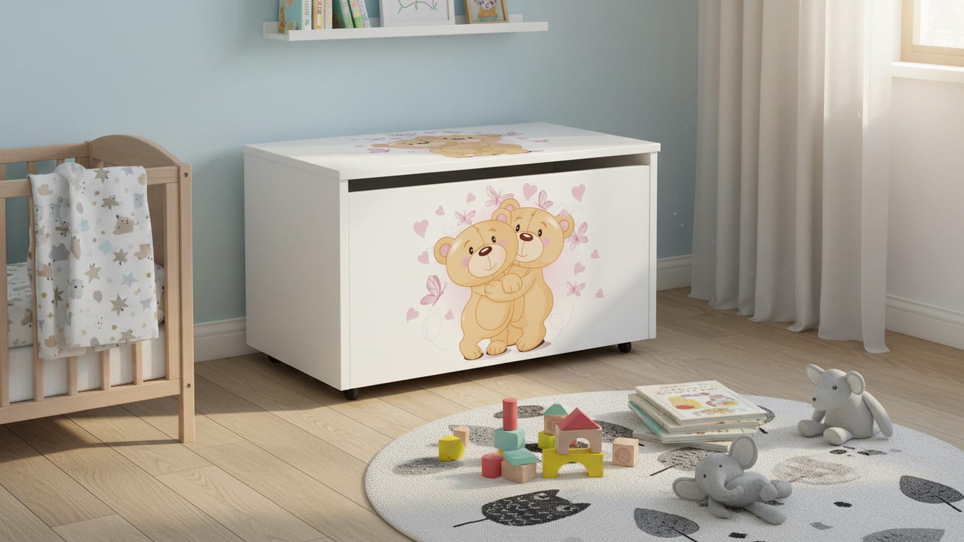 Baúl Infantil de Madera con Ruedas 71x40x46 cm y Tapa Seguridad