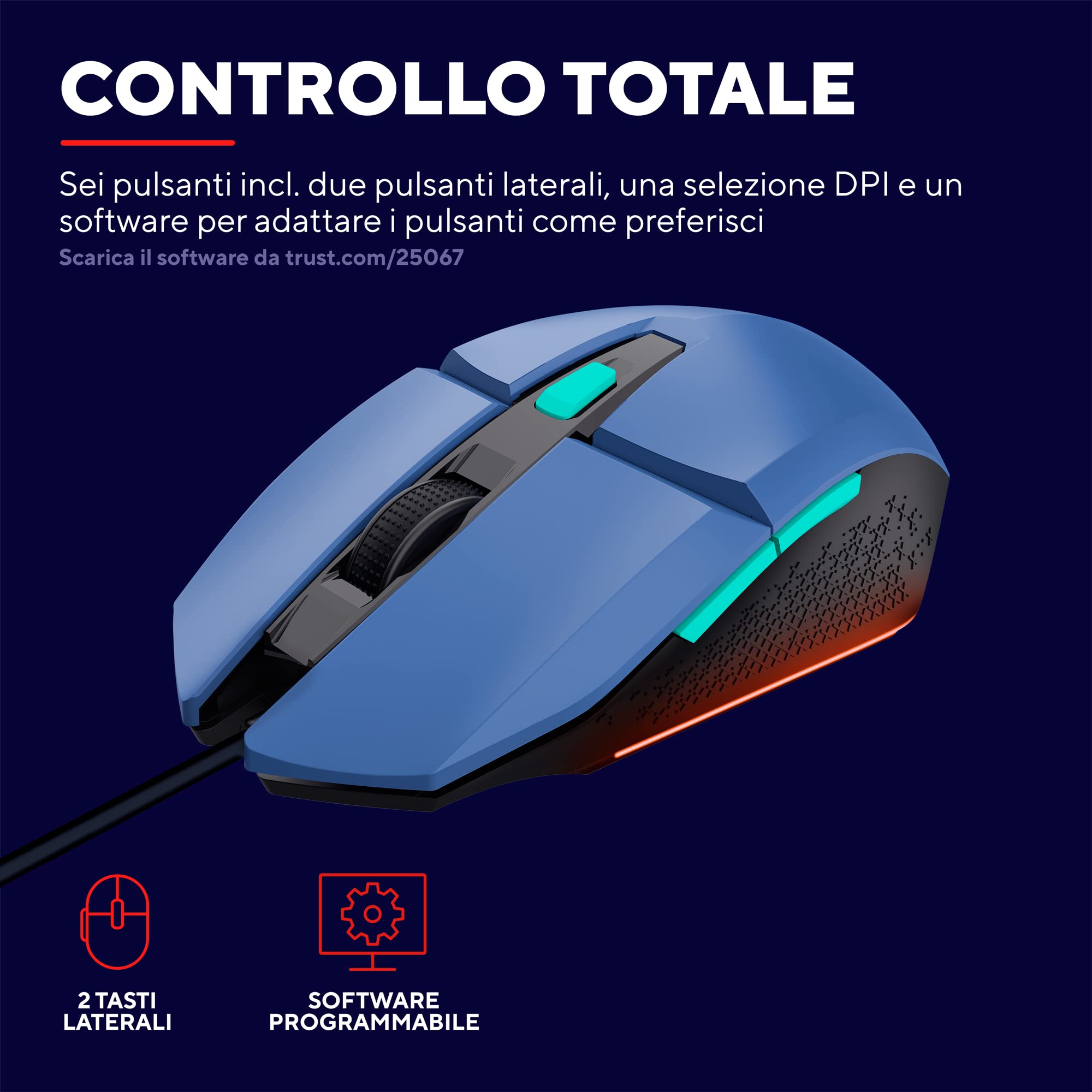 Trust Gaming GXT 109B Felox Mouse Gaming con 6 Pulsanti Programmabili, Illuminazione LED Multicolore, Software Incluso, 200-6400 DPI, Mouse con Filo USB 150 cm per PC, Portatile, Computer - Blu