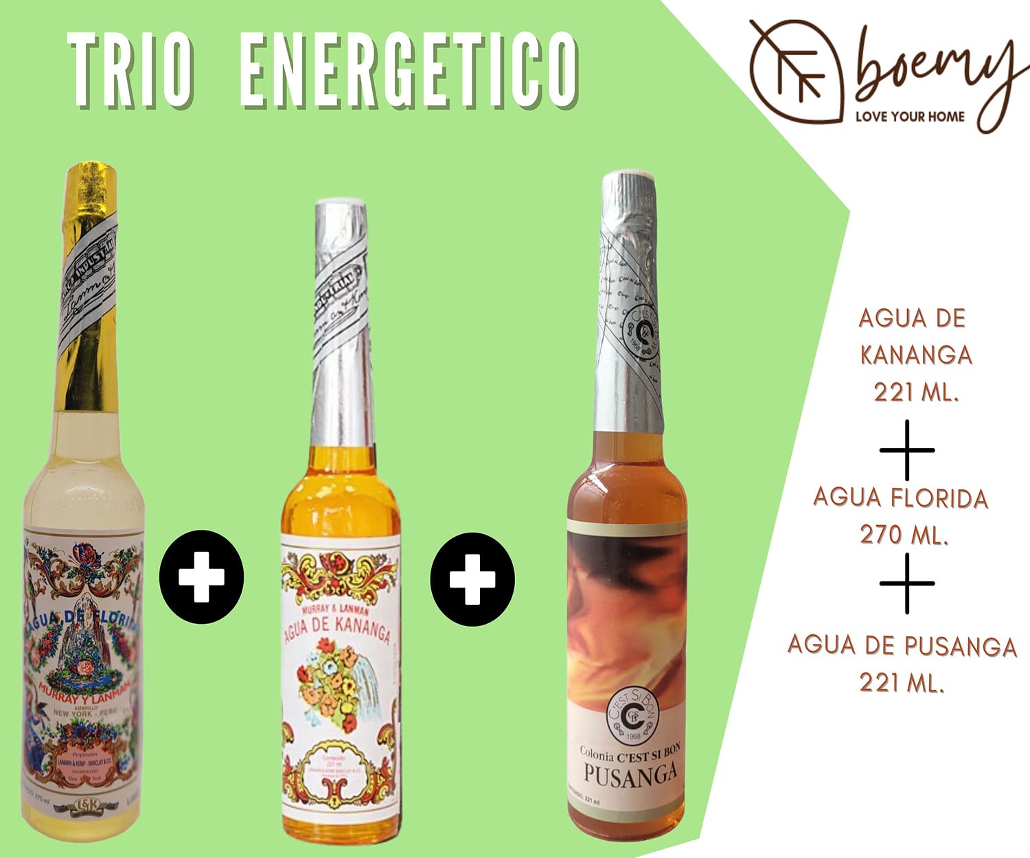 Pack con Agua Florida, Pusanga y Kananga. Para purificar, atraer amor, éxito y proteger tu energía. Botellas de 270ml, 221ml, 221ml.