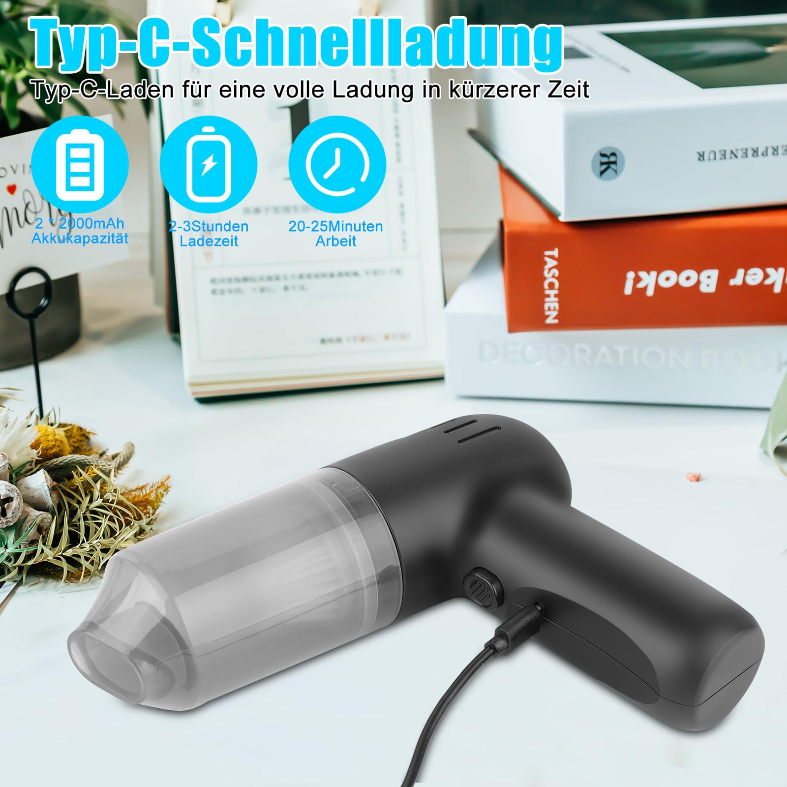 Mini Handstaubsauger Akku, 6000Pa Hand-Staubsauger Kabellos, 3-In-1 Kleiner Handsauger Stark mit Saugen, Blasen, Aufblasen, Geeignet für Auto, Haushalt, Tierhaare, Staubreinigung
