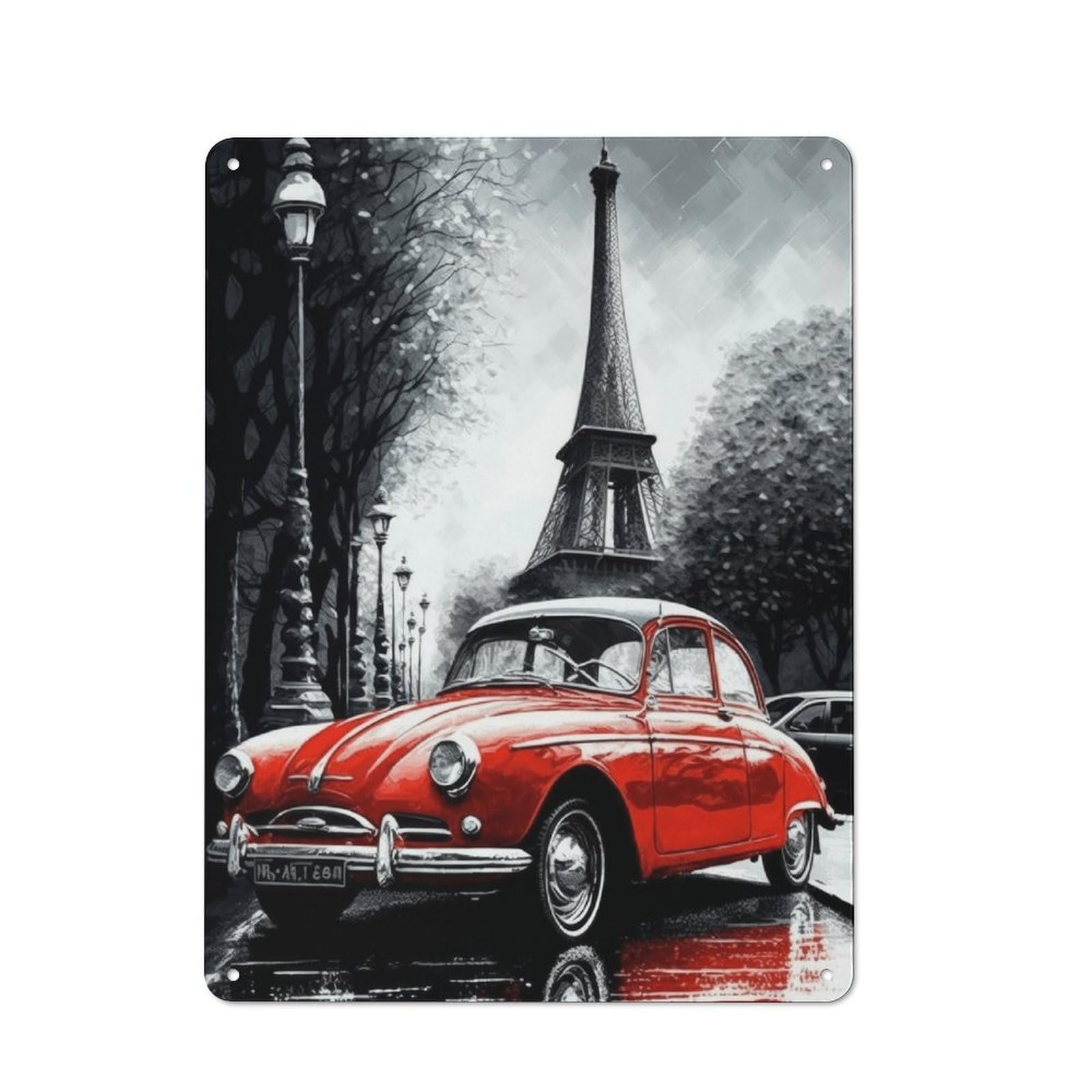 Junmoney Style-22 40X30cm Retro Metal Sign With Paris Eiffel Tower Classic Car For Man Cave Or Games Room, Tin Sign Wall Decor For Games Rooms And Man Caves