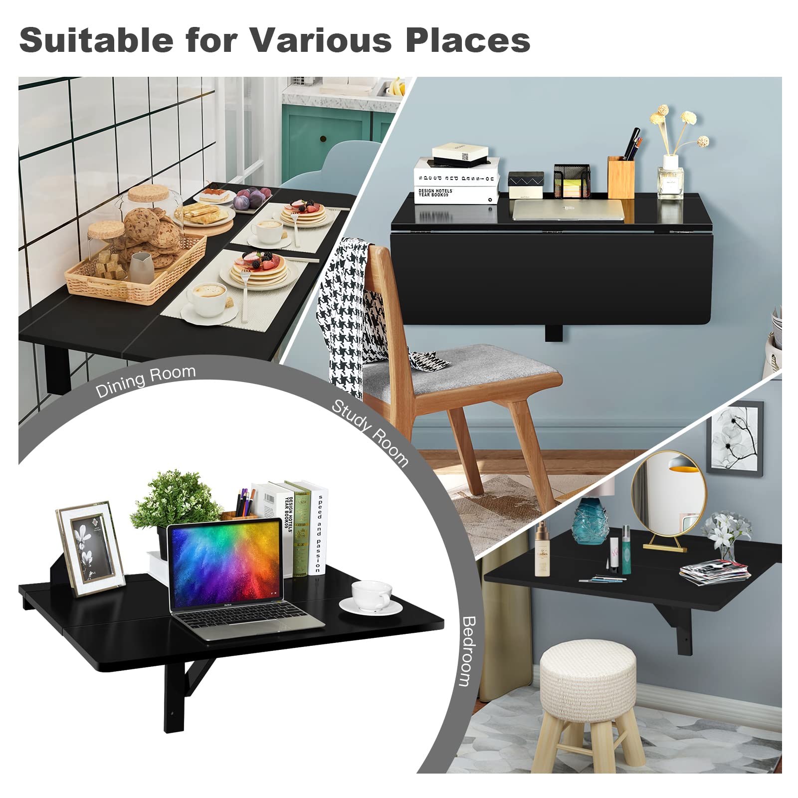 GIANTEX Tavolo Pieghevole a Muro, Piano Separato, Scrivanie Salvaspazio, Tavolino Pranzo in Legno, Supporto per Computer, Ideale per Camera e Appartamento, 80x60x45cm (Nero)