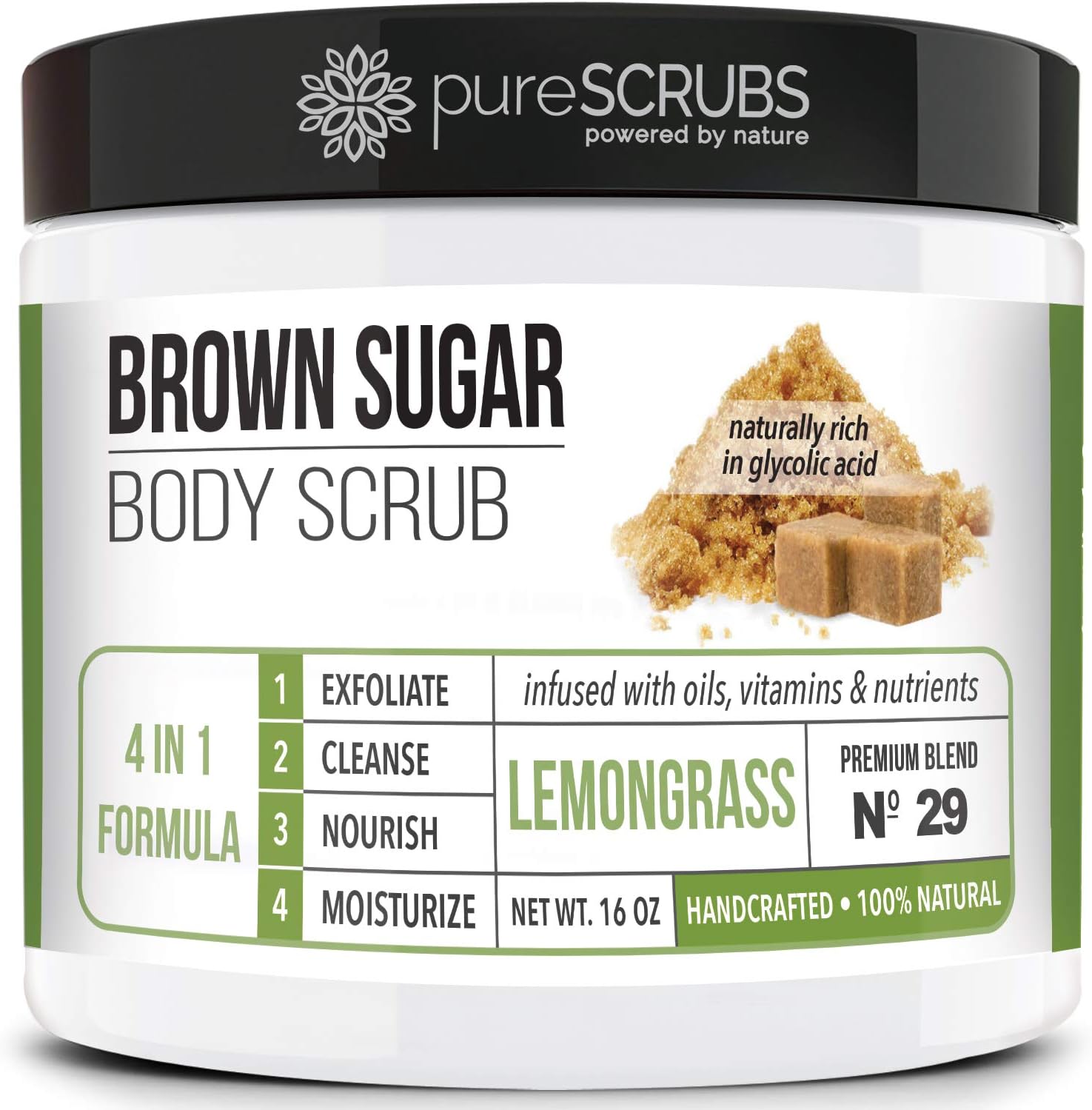 pureSCRUBS Premium Lemongrass Brown Sugar Scrub | Face, Feet & Full Body Scrub | Large 16oz Jar Includes Wooden Spoon, Loofah & Mini Exfoliating Bar Soap