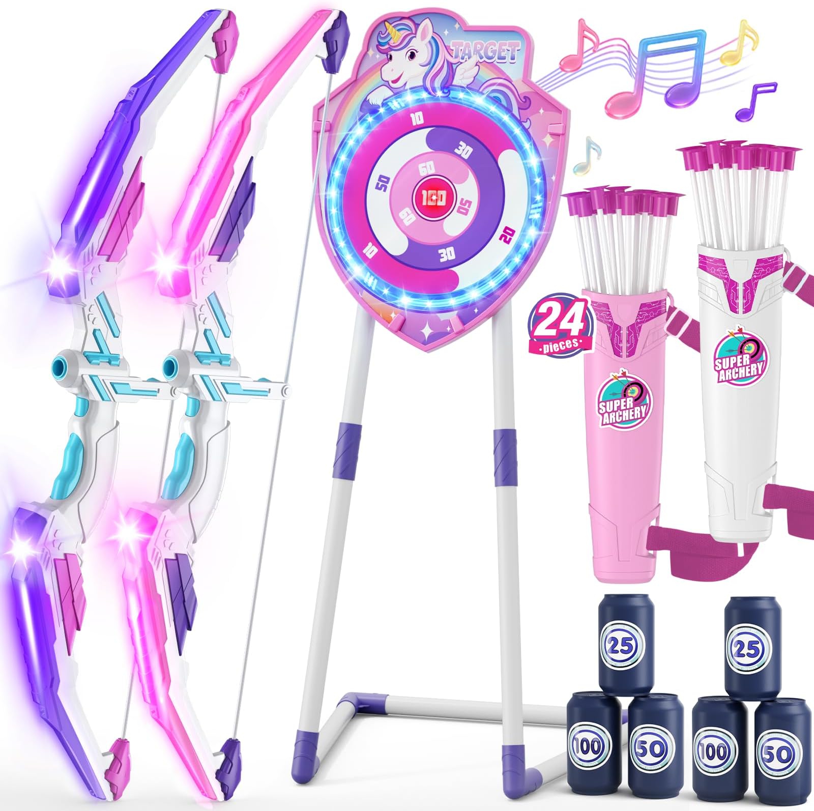 HYES 2 Pack Bow and Arrow for Kids, LED Light Up Unicorn Archery Set with 24 Suction Cup Arrows, 1 Standing Glow Target, 6 Score Targets & 2 Quivers, Indoor Outdoor Sport Toys for Girls Ages 4-12