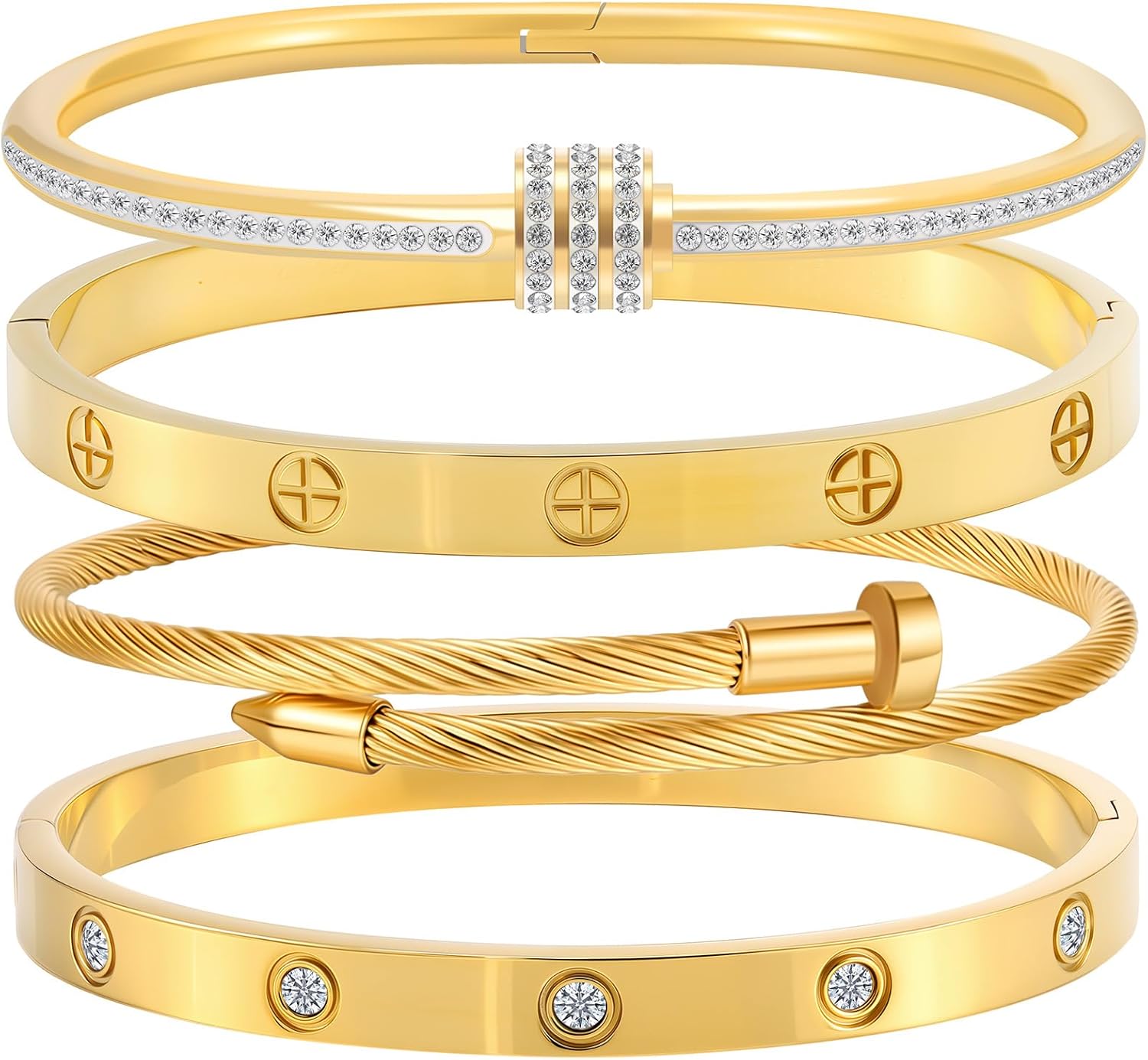 Camhanno Stainless Steel Bangle Bracelet Set for Women - Silver/Gold Love Bangle Non Tarnish Jewelry with Sparkling Crystal Inlay for Love Gifts