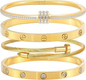 Camhanno Stainless Steel Bangle Bracelet Set for Women - Silver/Gold Love Bangle Non Tarnish Jewelry with Sparkling Crystal Inlay for Love Gifts