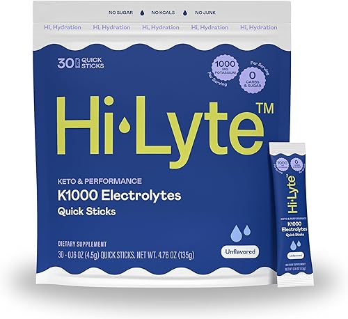 Miniatura 13 de Hi-Lyte K1000 Polvo de electrolitos de frambuesa azul, 50 porciones, 1000 mg de potasio + magnesio, sodio, minerales traza - 0 carbohidratos, 0