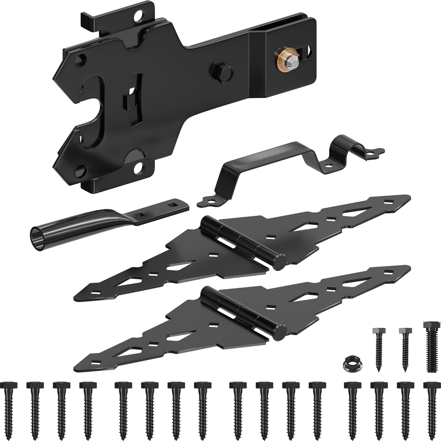 Wood Fence gate Hardware Heavy Duty 8 Inch Hinges and Latches with Handles for Outdoor Wooden Fence Doors, Black Painted Finish
